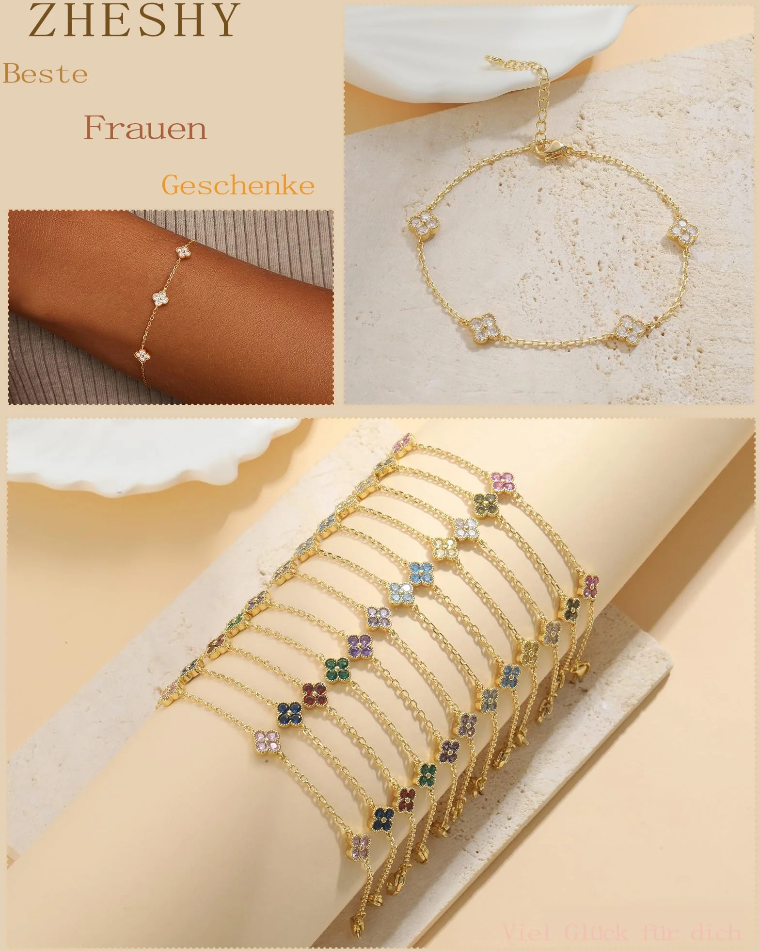Bracelet Femme Or Trèfle À 4 Feuilles Pierre De Naissance Réglable 14k Plaqué Or Zircon Cubique