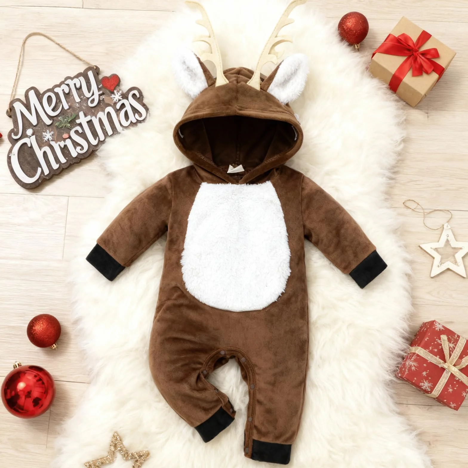Deguisement Renne Bebe Garcon Fille Grenouillere Capuche Velours Chaud Hiver Tenue Noel Halloween 0-24 Mois