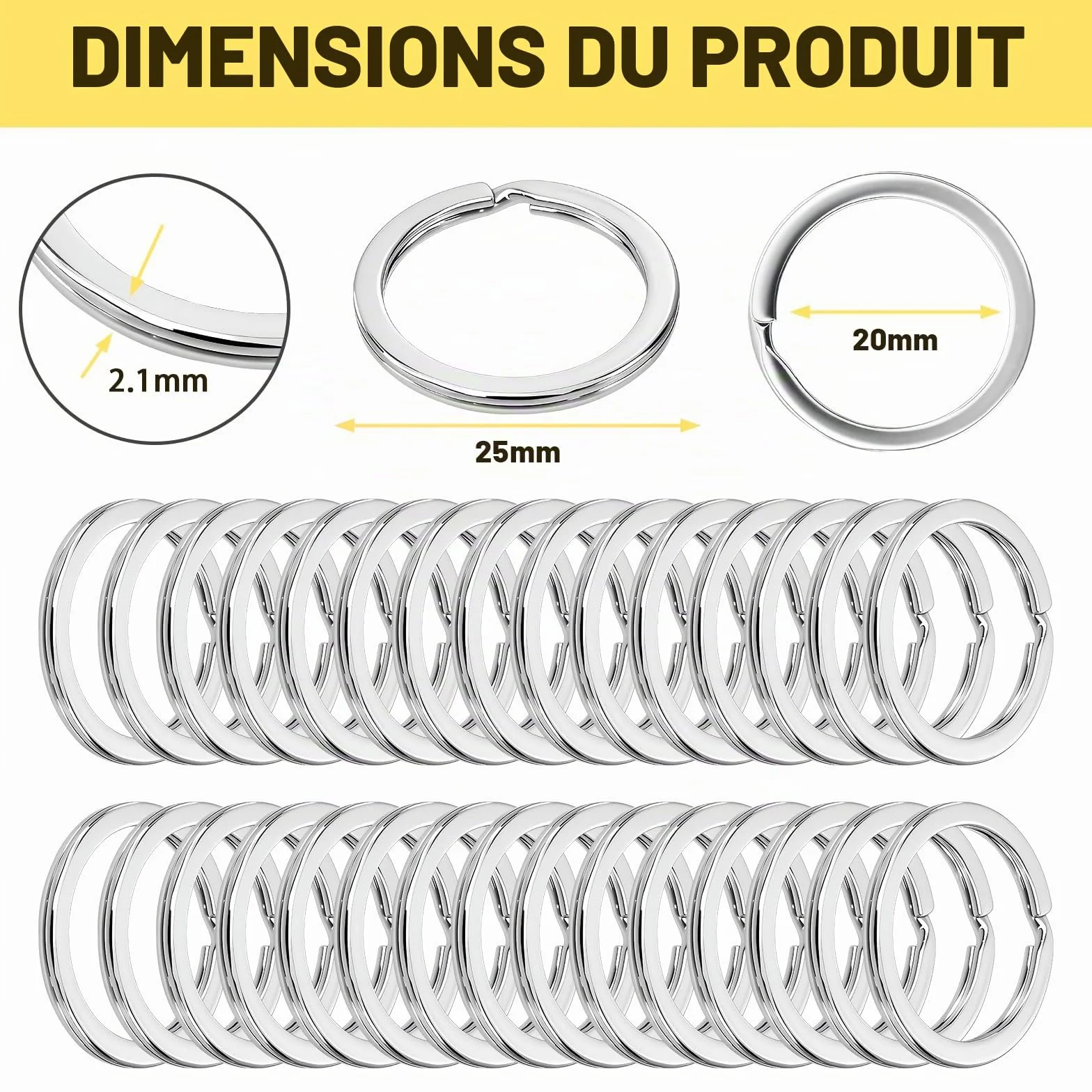 Anneau Porte Clé 25mm Ronds Plate Argent 30 Pcs