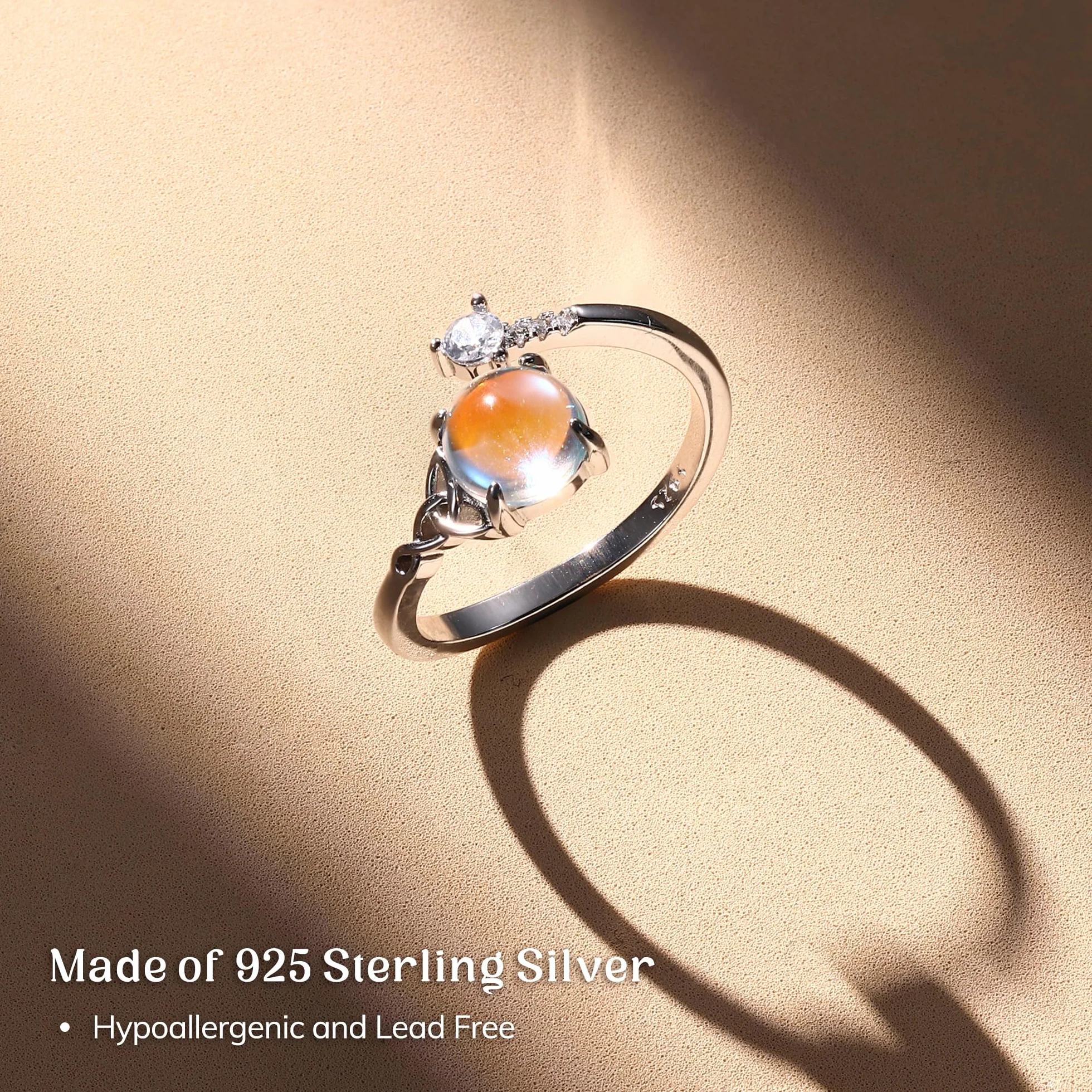 Bague Pierre De Lune Argent 925 Ajustable Triangle Celtique Zirconium Ovale Rond Coeur Pour Femme