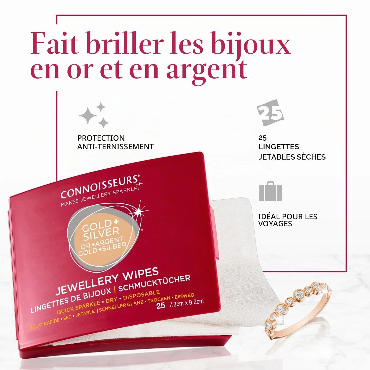 Connoisseurs Lingettes Nettoyantes pour Bijoux - Chiffon Polish Argent Or - Brillance - 25 Lingettes Sèches