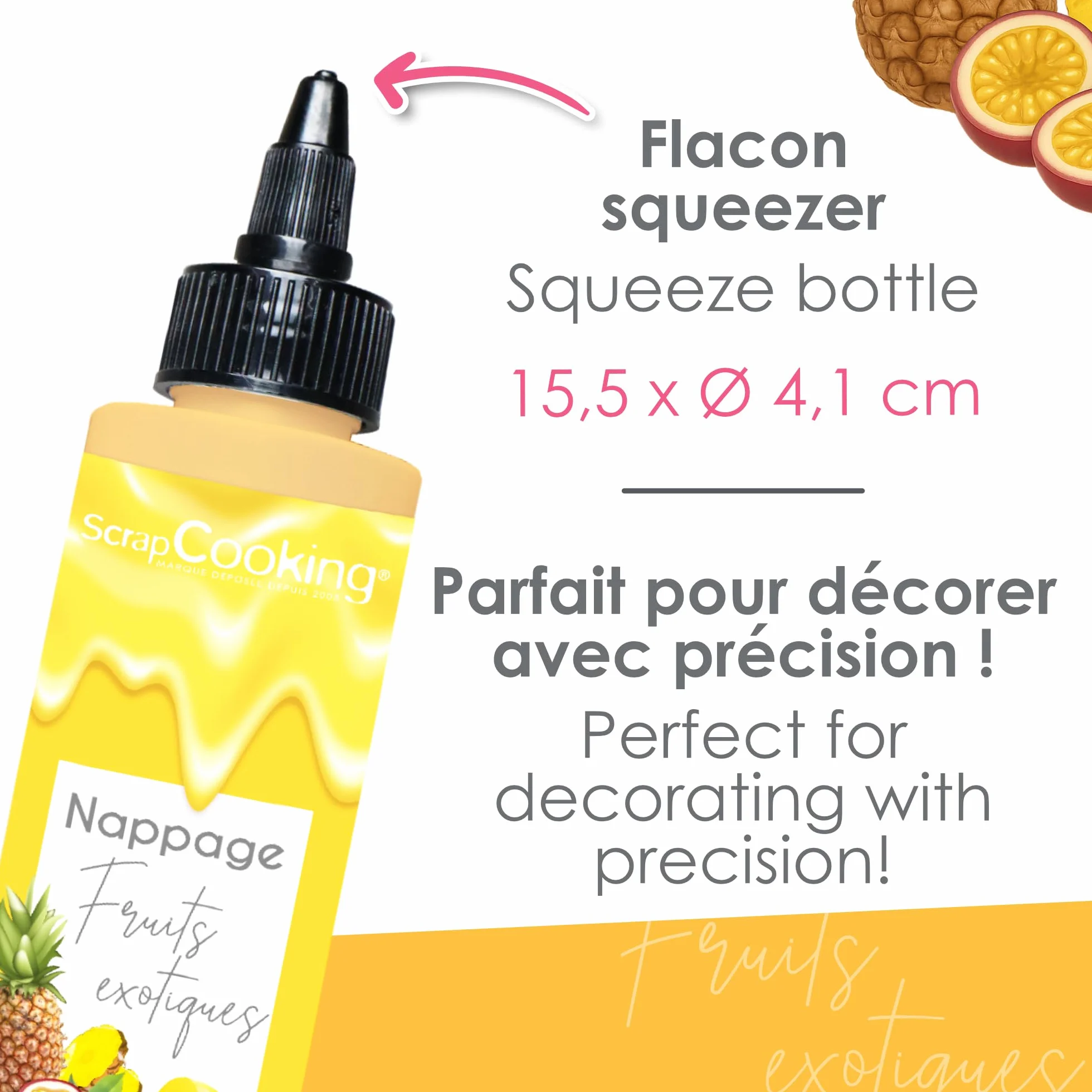 ScrapCooking - Nappage Fruits Exotiques 165 g - Flacon Squeezer - Pour Topping & Décoration Gâteaux, Glaces, Yaourts, Crêpes & Gaufres - Déco Alimentaire Pâtisserie - 8565