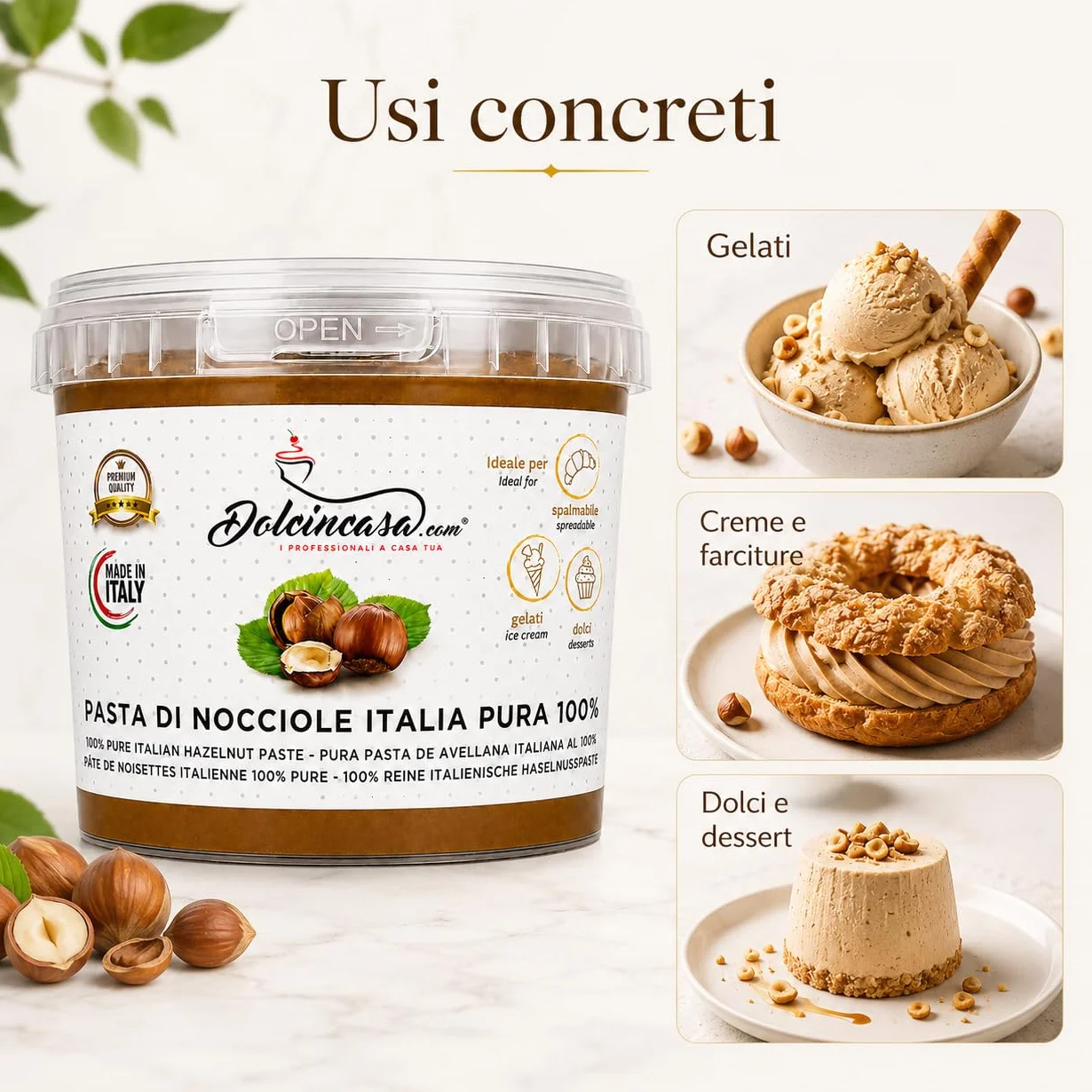 Dolcincasa-com Pâte de Noisettes Torréfiées 100% Pure Crème à Tartiner pour Glace Café et Diverses Utilisations en Confiserie Décorations Remplissages Sans Gluten sans Epaississants 500 Grammes