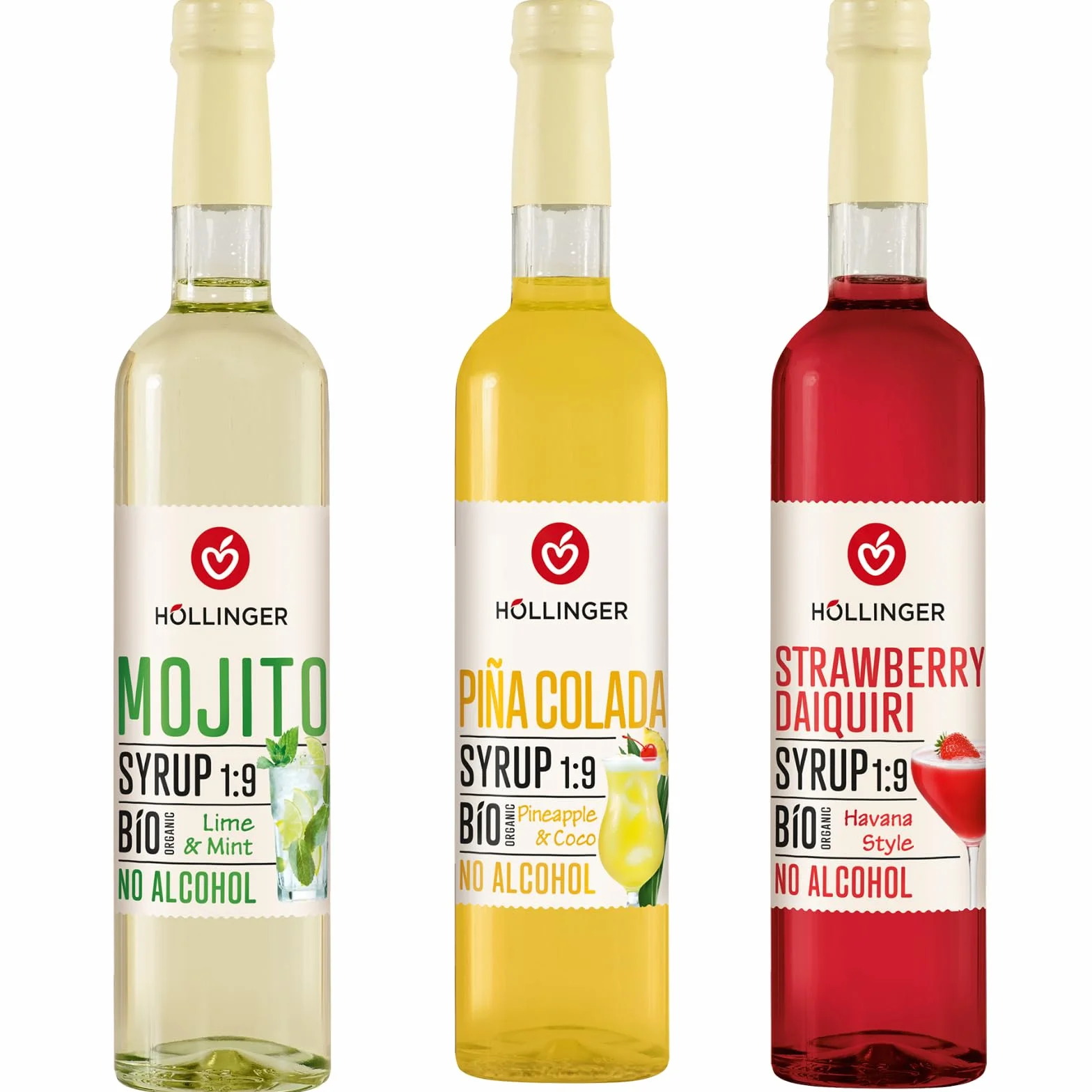 HÖLLINGER Sirop Classic Cocktail Bio sans Alcool, 3 Saveurs (Mojito, Piña Colada, Strawberry Daiquiri), 3x500ml, Concentré 1:9