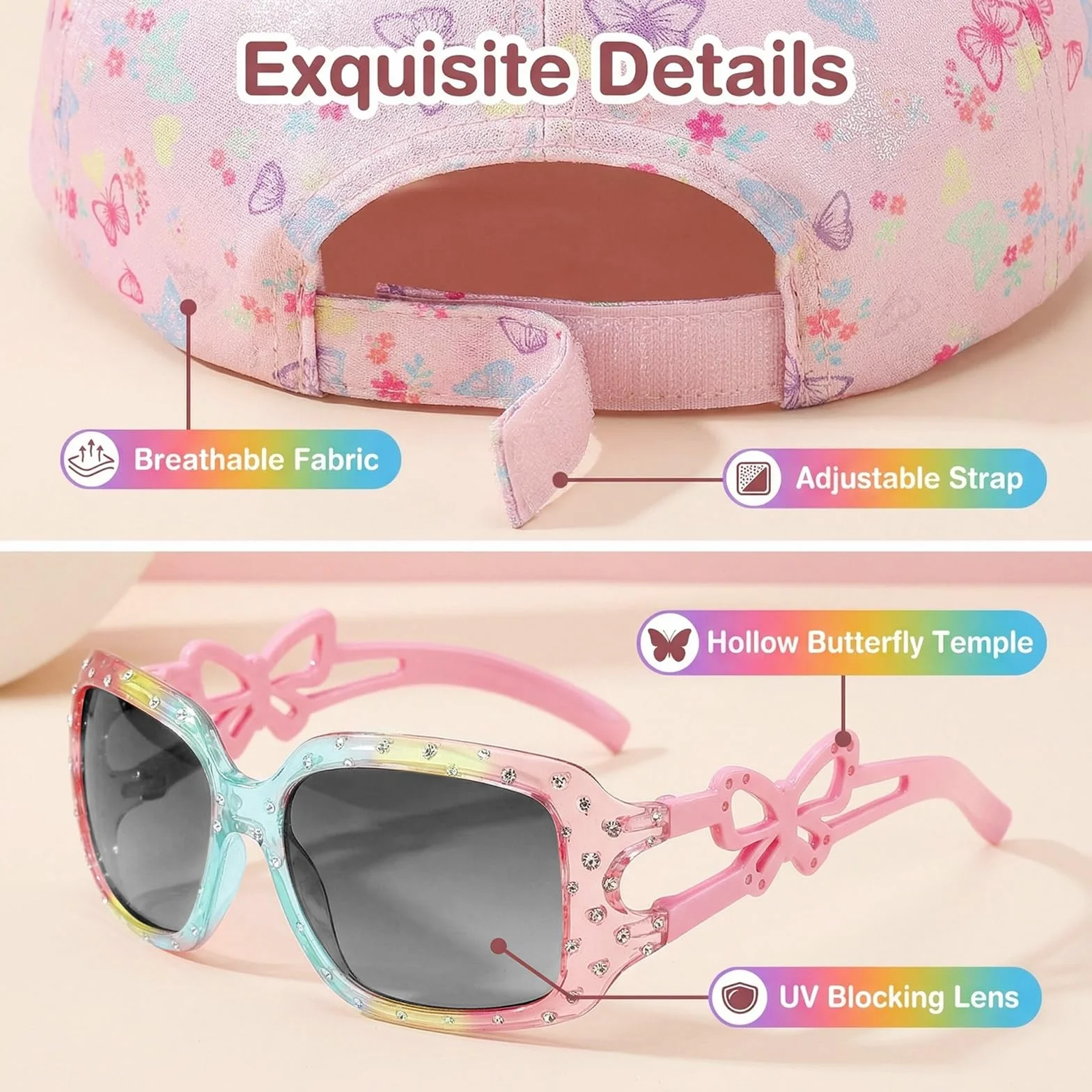 Casquette Enfant Fille et Lunettes de Soleil Baseball Réglable Chapeau Sport Extérieur Été