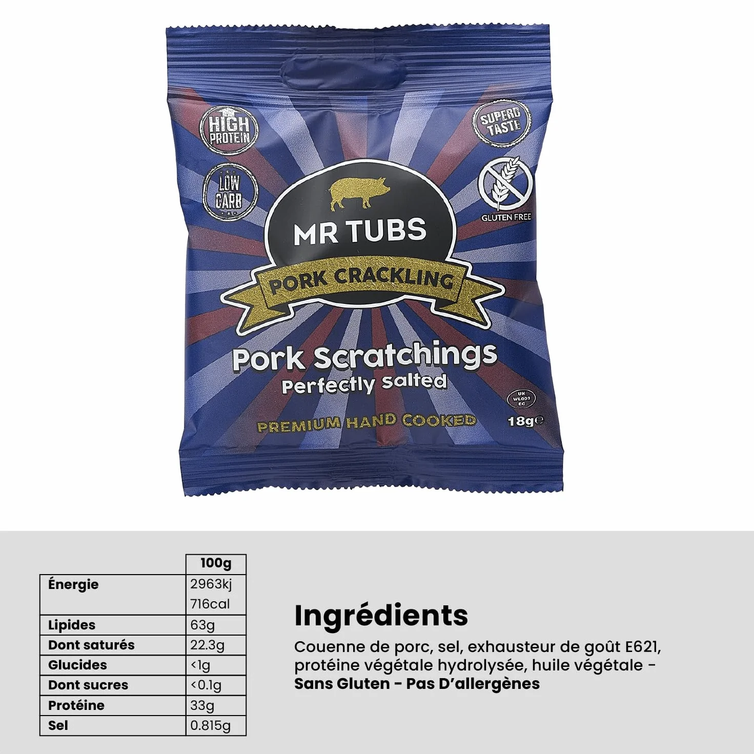 Grattons de Porc de Qualité Mr Tubs Premium Pork Scratchings – Sans Gluten – Salés A La Perfection, 20 Sachets De 18 G – Style Pub, Faible Teneur En Glucides (20 sachets de 18 g)