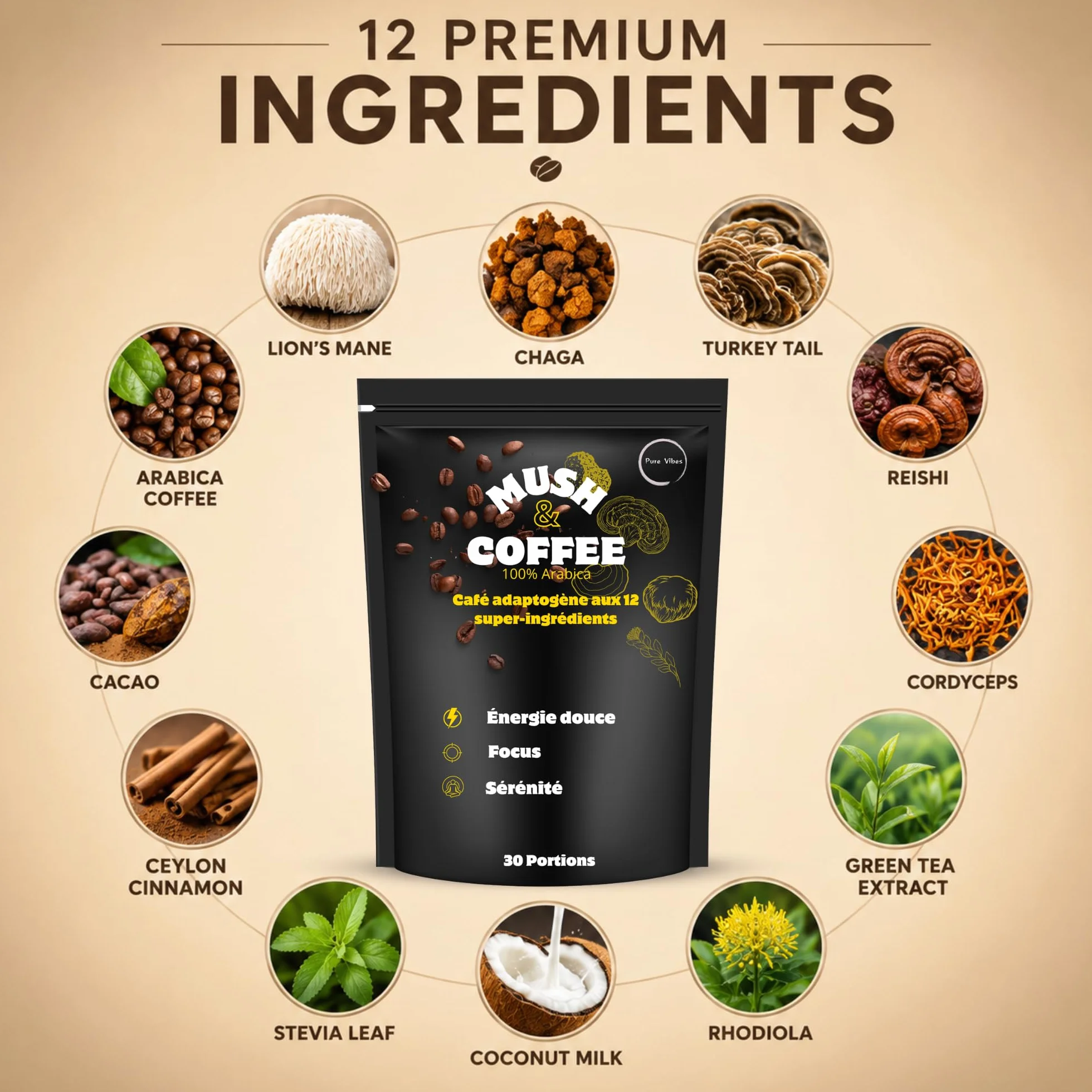 Alternative au Café – Substitut de Café Instantané Reishi & Lion’s Mane – PureVibes Mush & Coffee – Énergie Stable & Concentration – Vegan Sans Sucre – 15 Portions (30, Tasses)