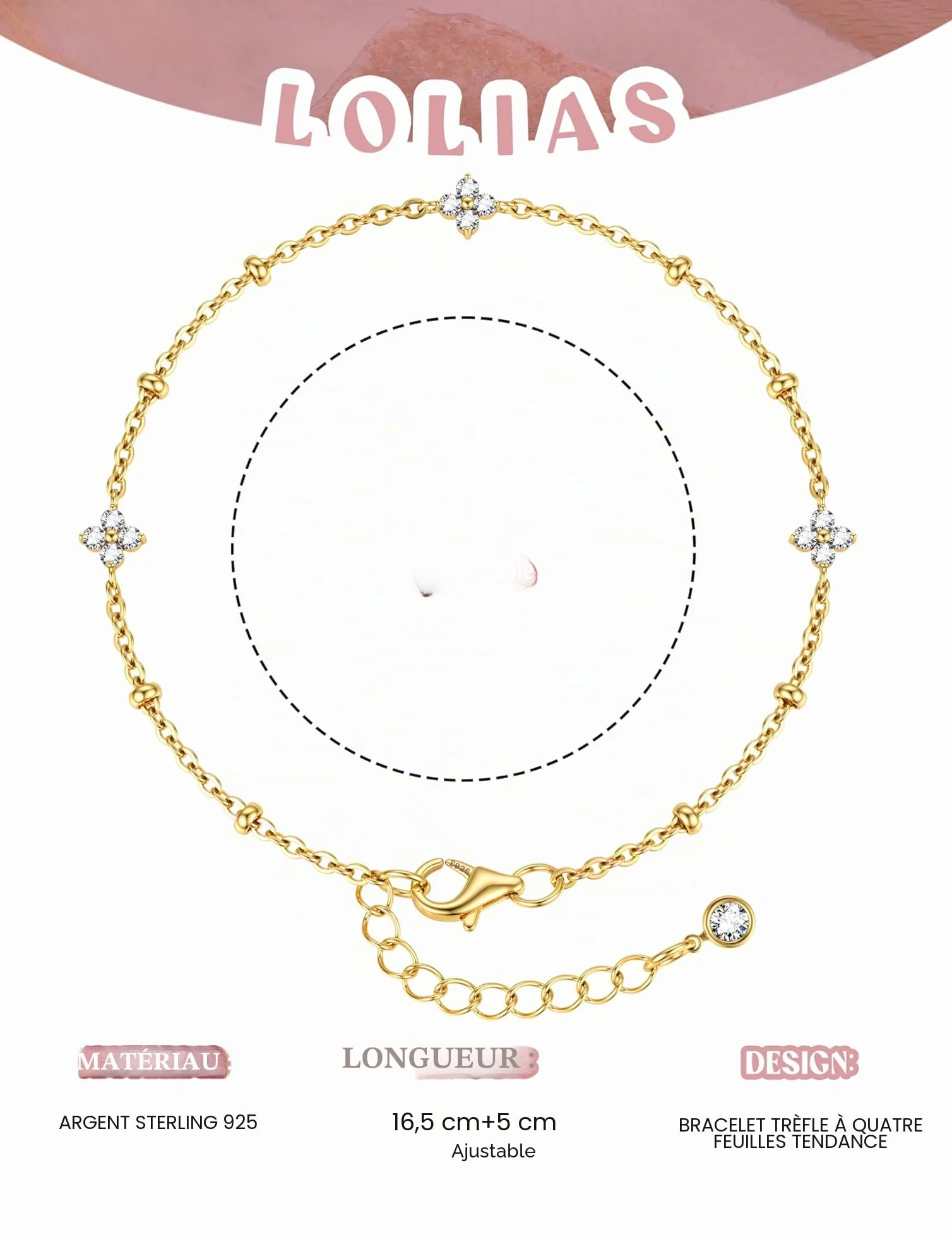 LOLIAS Bracelet Femme Argent 925 Trèfle 4 Feuilles Réglable Plaqué Or 14K Perle Boules Bijoux Cadeau 16cm+5cm