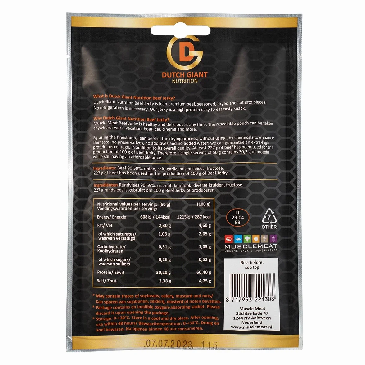 Dutch Giant Beef Jerky Original | 10 x 50 gram | 500g Boeuf Séché pour les gens | Viande séchée | Biltong | Nourriture Américaine | Snack | Ration de survie | Haute teneur en protéines | Musclemeat
