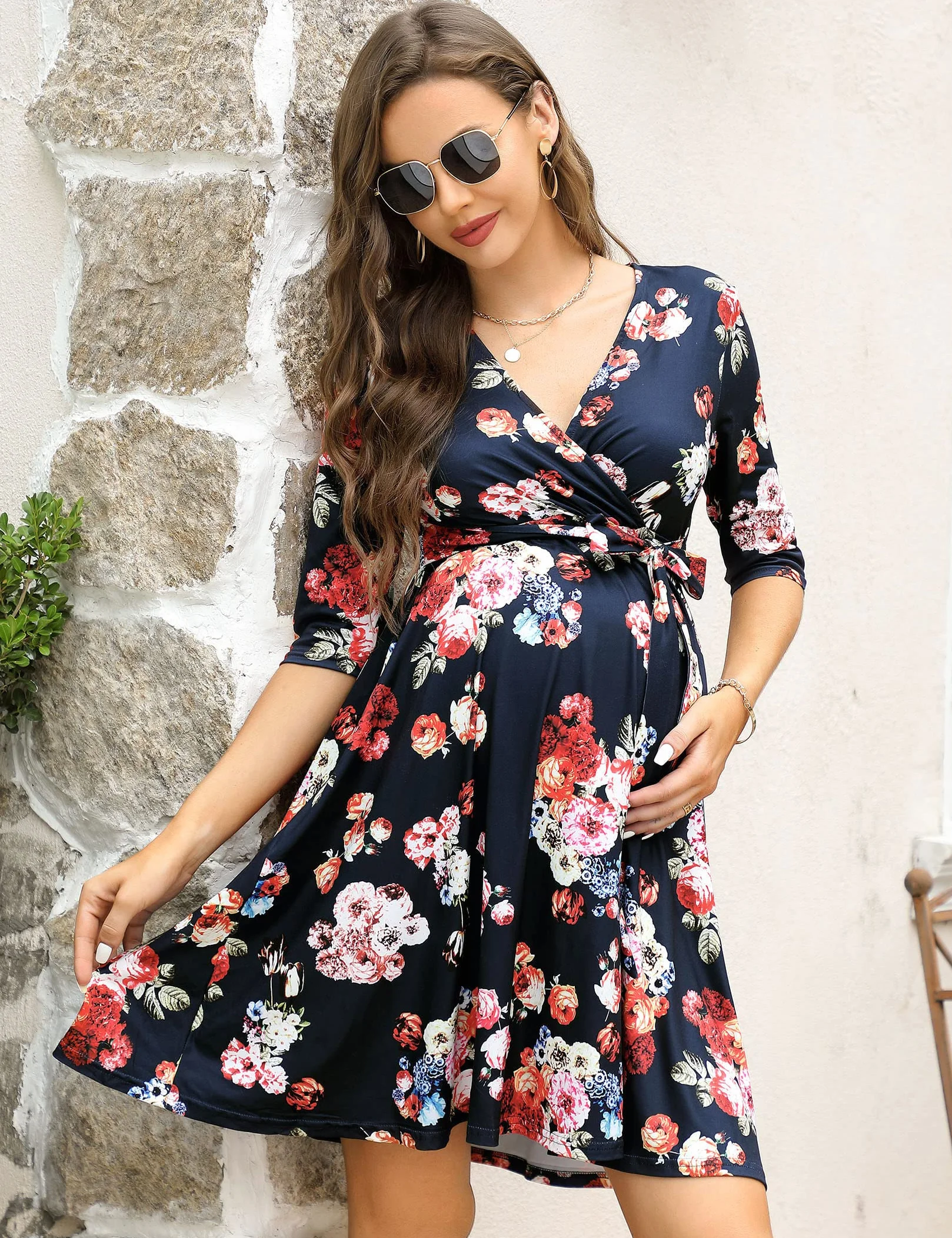 KOJOOIN Robe de maternité d'allaitement col en V manches courtes volants florale