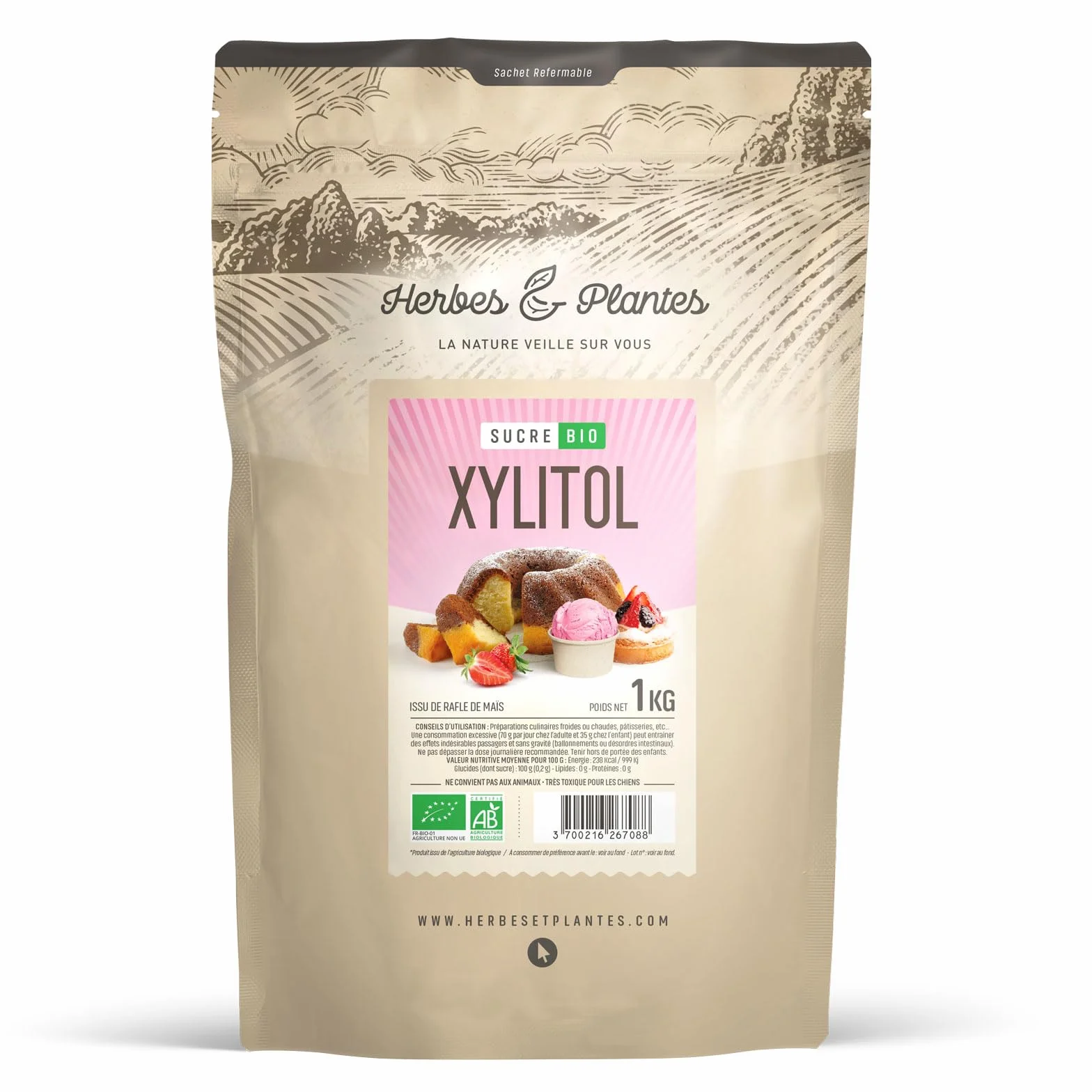 Xylitol Bio - 1kg - Sucrant naturel, Faible en calories, substitut de sucre.