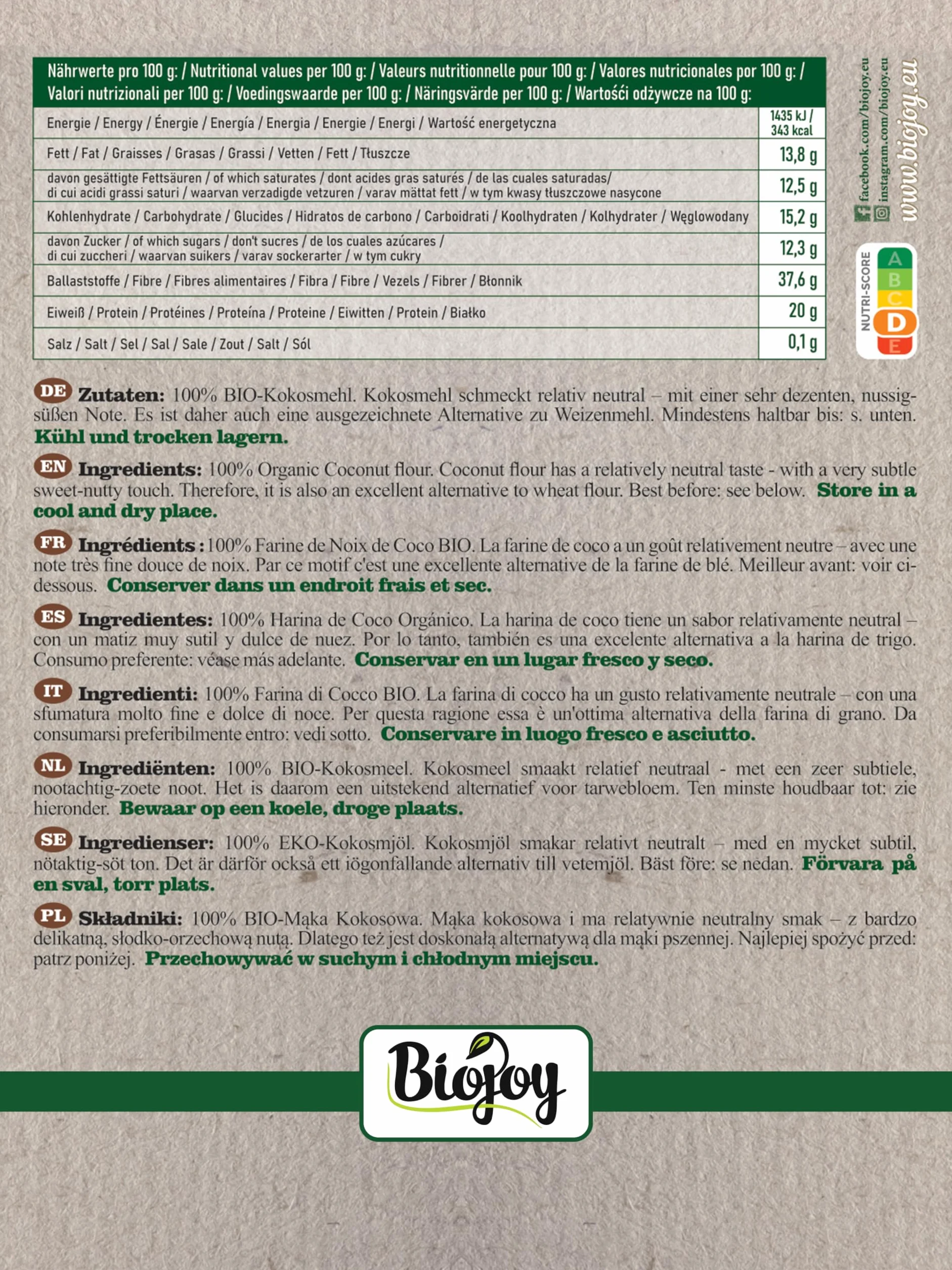 Biojoy Farine de coco BIO (1 kg), partiellement déshuilée et sans sucre ajouté