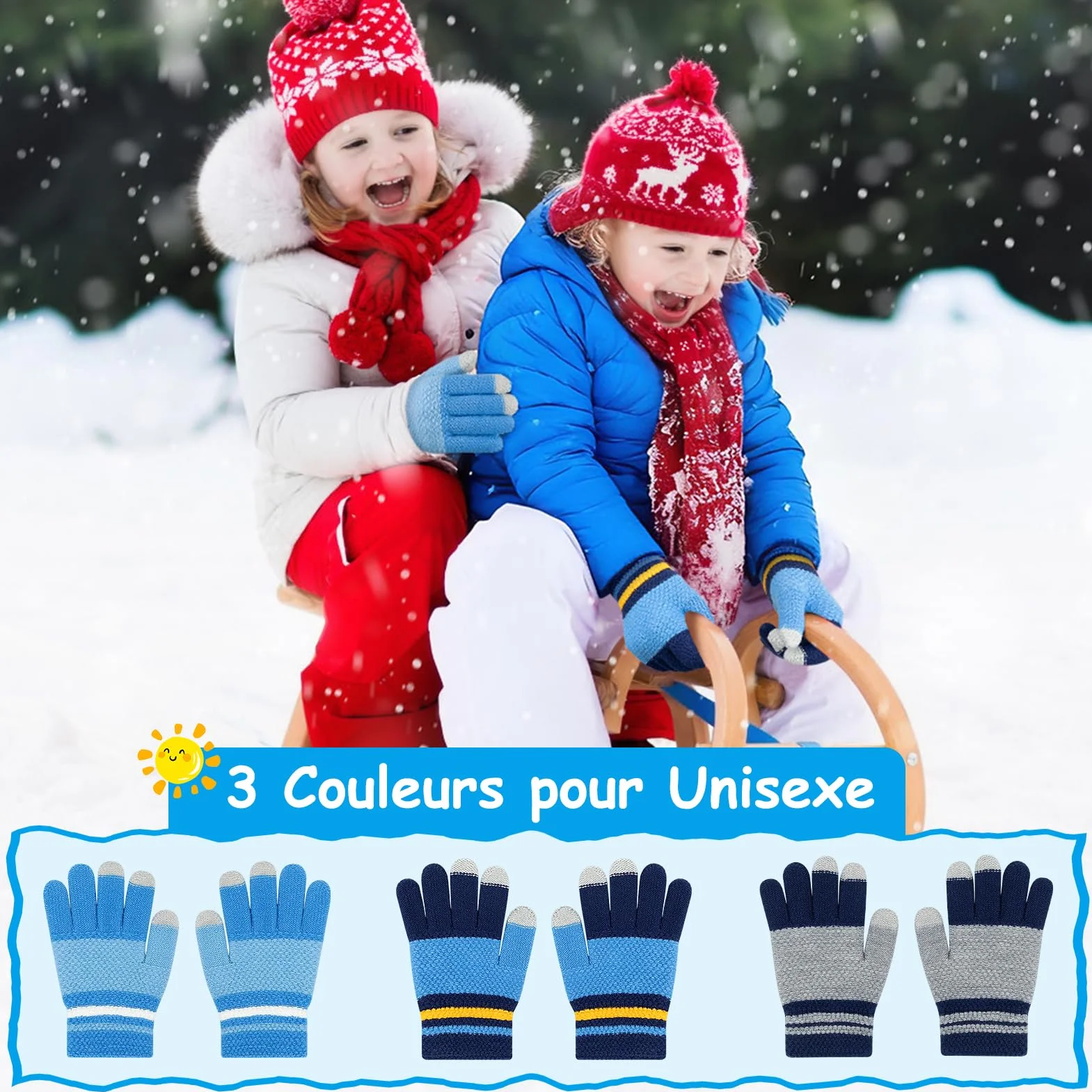 Kiiwah 3 Paires Gants Tricotés Chauds pour Enfants, Doigts Complets Thermique, Garçons 7-9 Ans (Bleu, Marine, Gris)