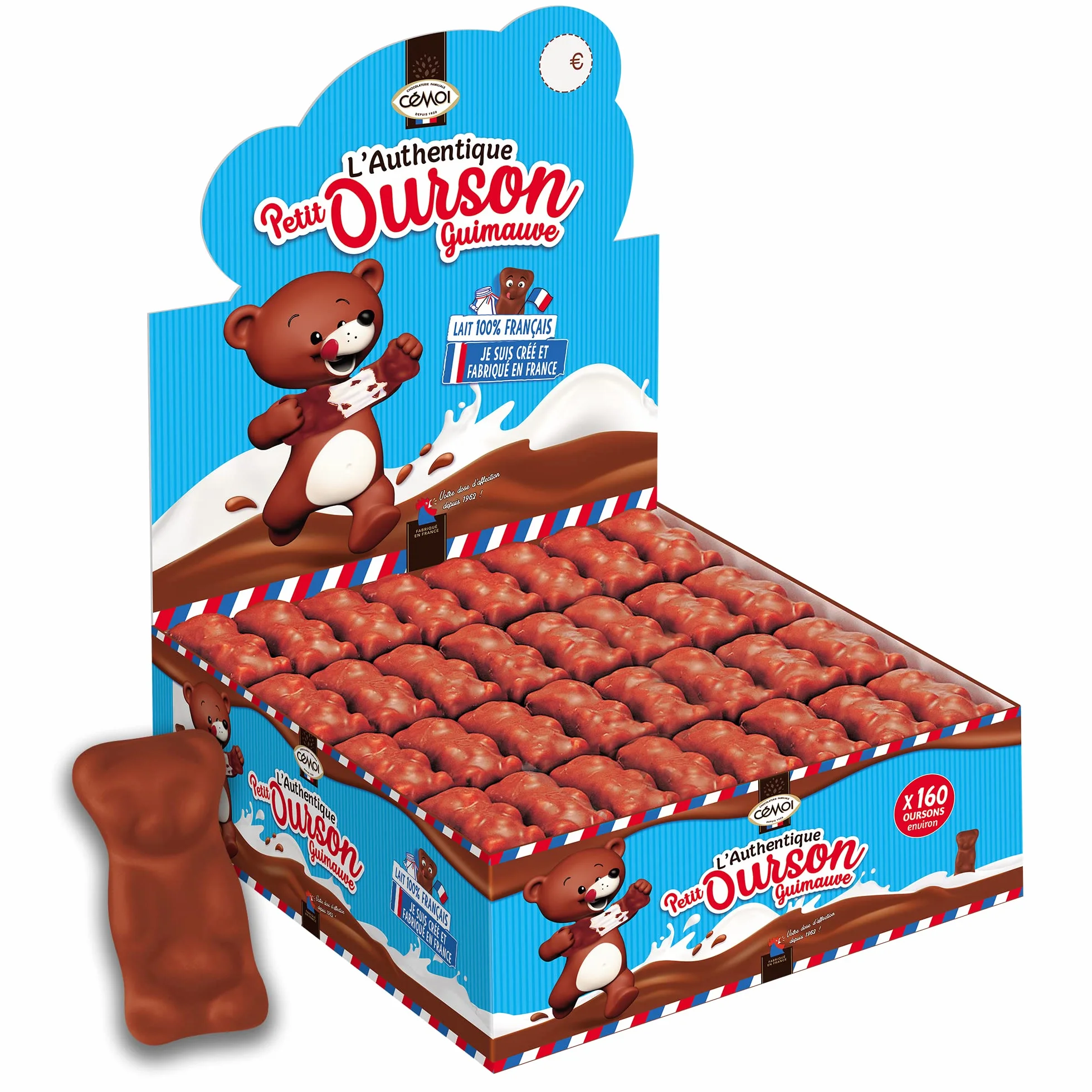 Cémoi - Présentoir L’Authentique Petit Ourson Guimauve, Chocolat au Lait – Fabriqué en France, 160 Pièces (1.49 kg)