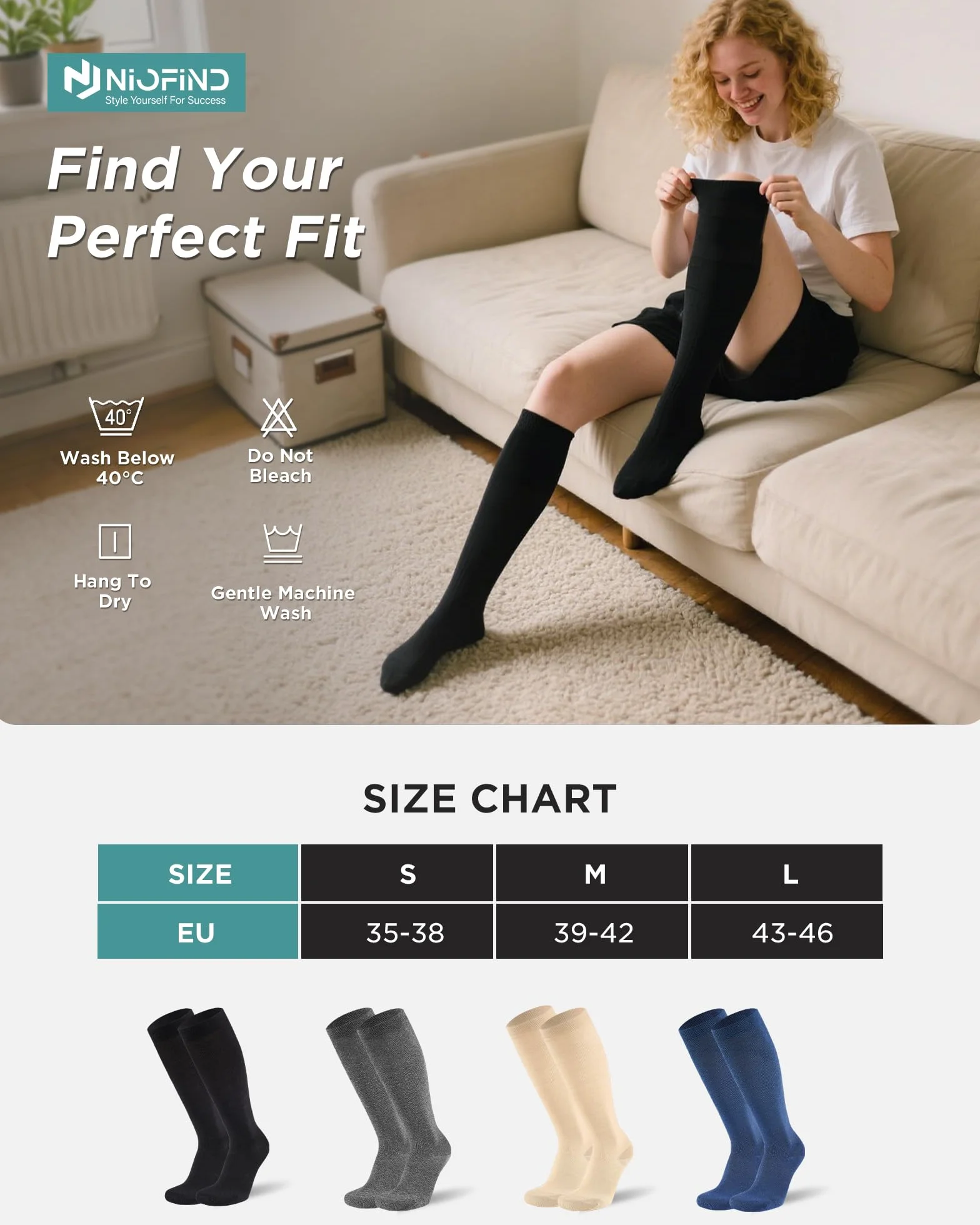Chaussettes de Contention Lot de 2 Paires 65% Coton Bas de Compression Genou Sport Voyage Grossesse Travail
