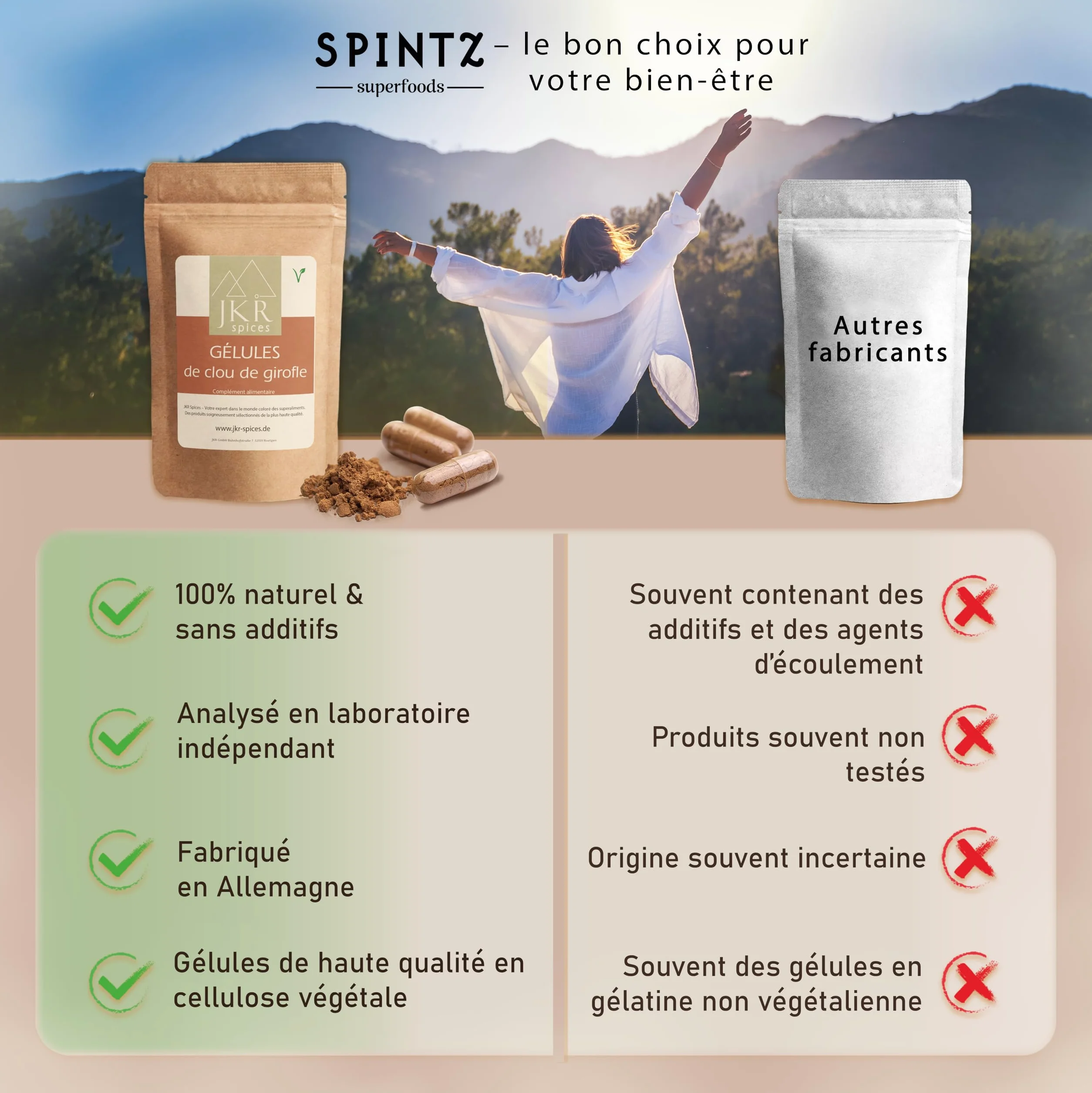 JKR Spices Lot de 420 capsules végétaliennes de clou de girofle – Capsules végétaliennes remplies de poudre de clou de girofle de haute qualité – Hautement dosées – 450 mg de clous de girofle moulus –