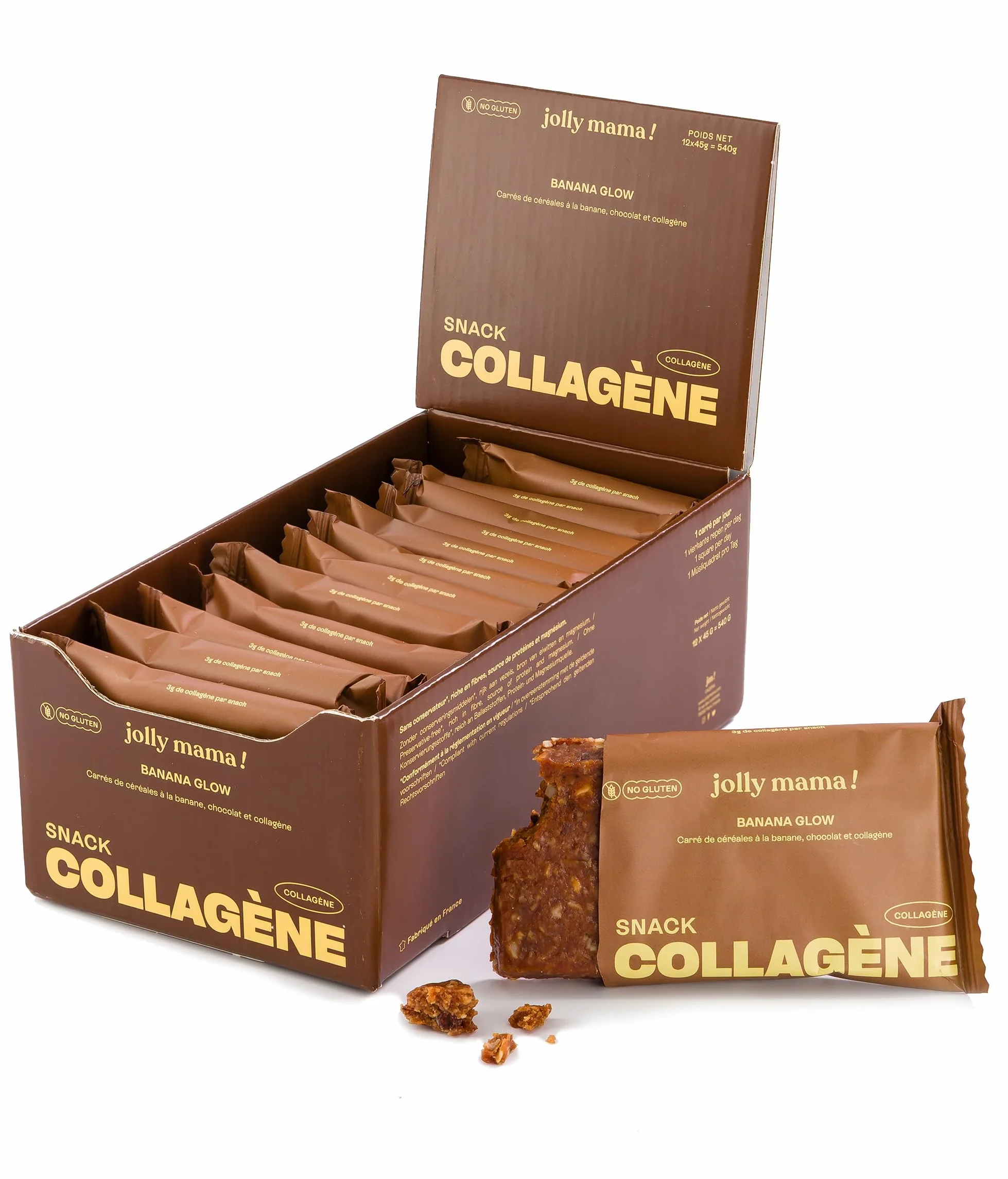 Jolly mama! Lot de 12 Barres Protéinées Collagène Banana Glow | Céréales, Banane, Pépites de Chocolat | Boost Cheveux & Peau | Sans Gluten | Compatible Grossesse et Allaitement