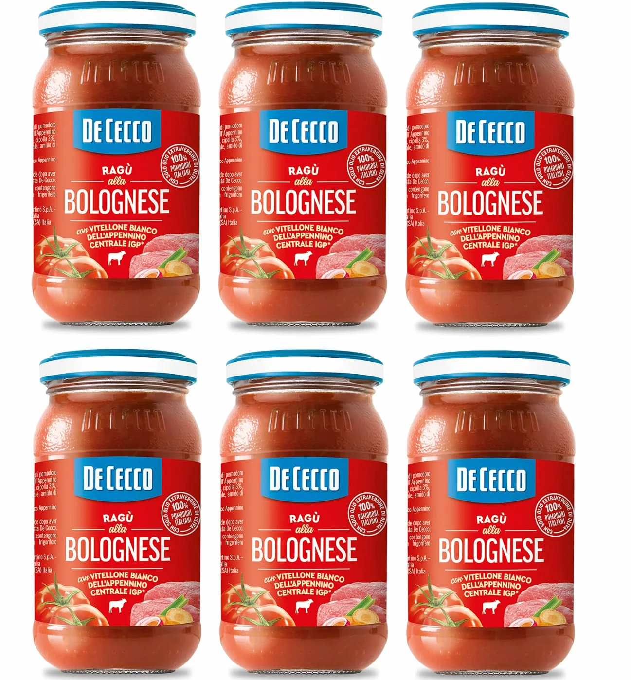 6x De Cecco Ragù alla Bolognese con Vitellone Bianco dell'Appenino Centrale IGP sauce au boeuf blanc de l'IGP des Apennins centraux avec 100% de tomates italiennes 190g