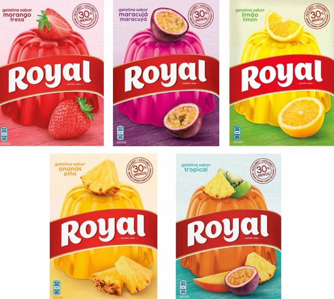 Royal Mix - Gélatine en poudre avec un mélange de saveurs | Fraise | Fruits de la passion | Citron | Ananas | Tropicale | 5 paquets de 4 oz | 30% Sucre en Moins