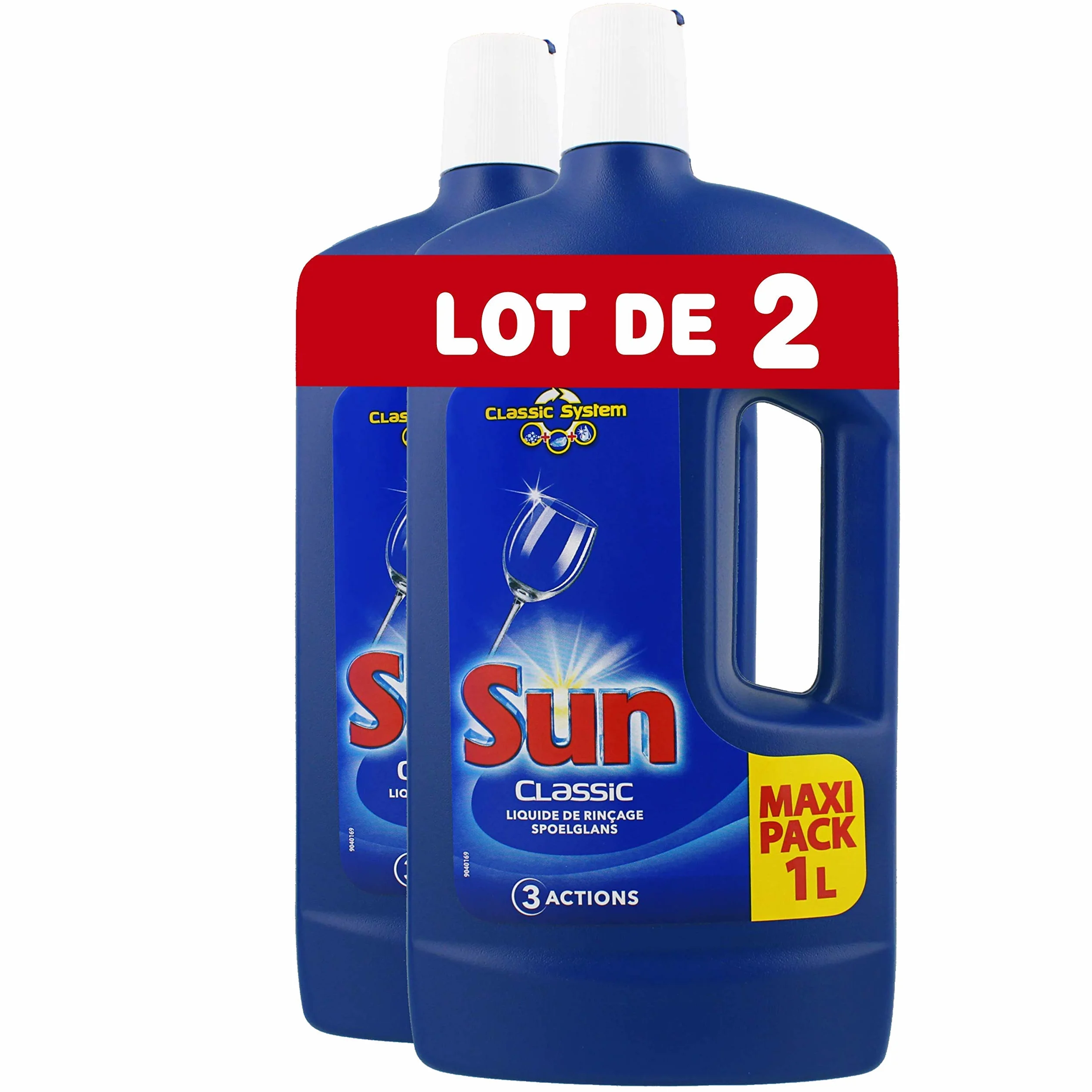 Sun Liquide de Rinçage Lave-Vaisselle Classic Triple Action, Elimine les traces et dépôts, Brillance maximale, Vaisselle impeccable, Lot de 2 x 75 Lavages