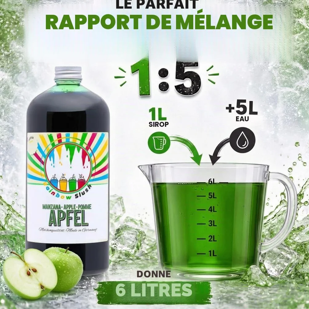 Sirop pour Slushy Arc-en-ciel Sans AZO | 1 litre de bouteille | Concentré pour Slushy Maker, machines à Slushy, machines à glace, boissons 1:5 à 1:20 (Pomme)