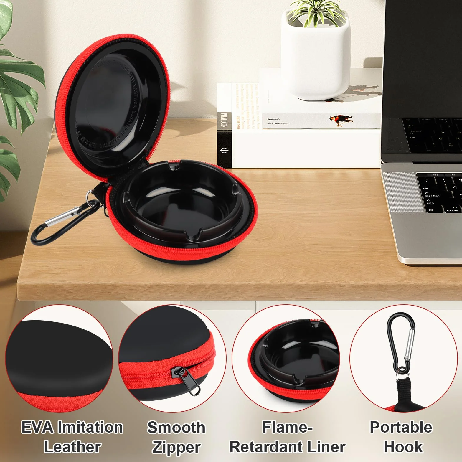 Cendrier Portable Anti Odeur avec Fermeture à Glissière et Porte-Clés pour Voiture Extérieur (Rouge)