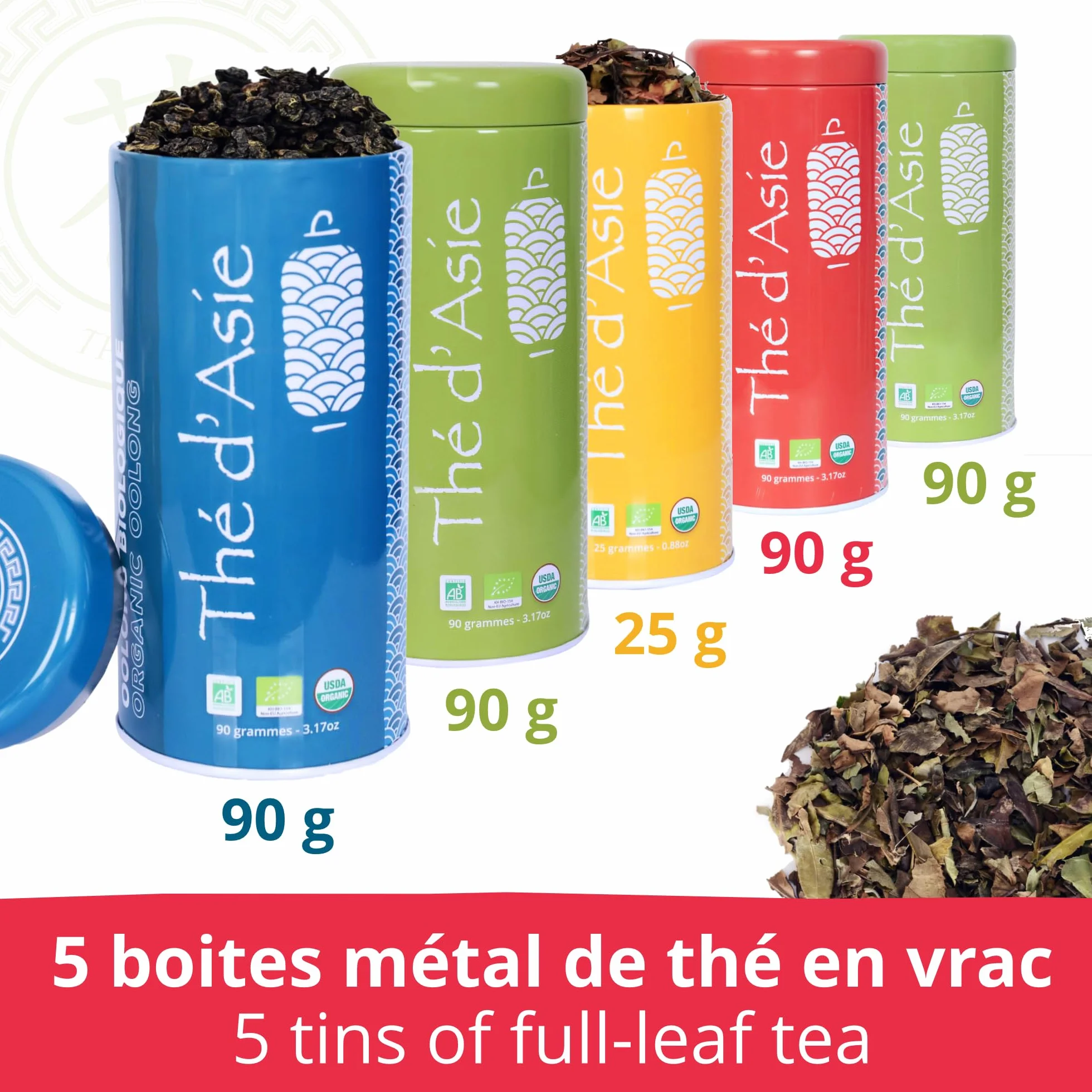 Khla - Coffret de 5 Thés Bio en Vrac - 5 Boites Métal - Coffret Cadeau à Offrir - Oolong, Pai Mu Tan, Breakfast OP, Sencha & Chun Mee - Thé Bleu, Vert Noir & Blanc - Tisane, Infusion