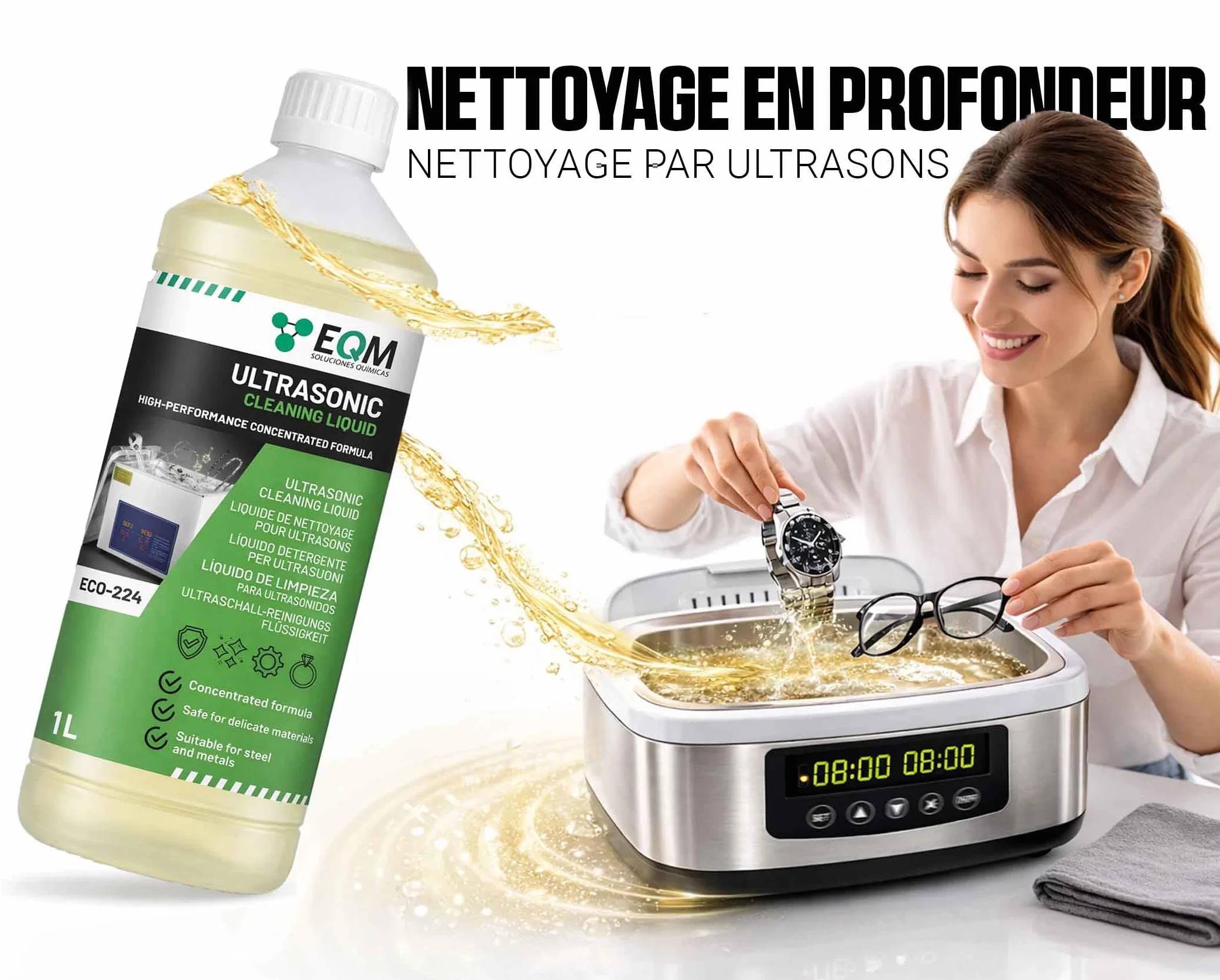 EQM Liquide Nettoyant Concentré Ultrasons Métaux Acier Bijoux Lunettes Argent Prothèses Dentaires