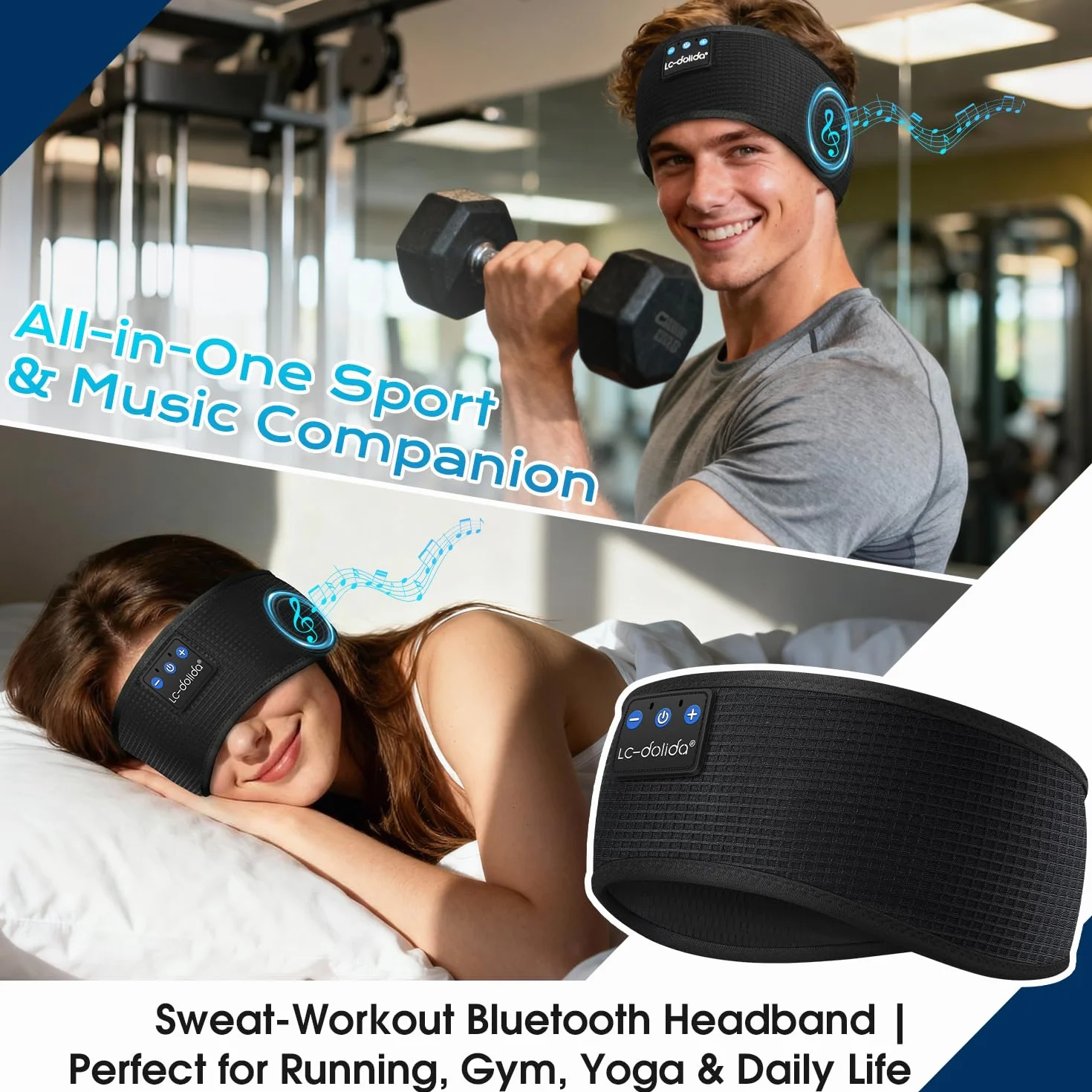 LC-dolida Bandeau Écouteurs de Sommeil Bluetooth V5.4, Casque Audio sans Fil, 15 Heures de Lecture, Stéréo HiFi