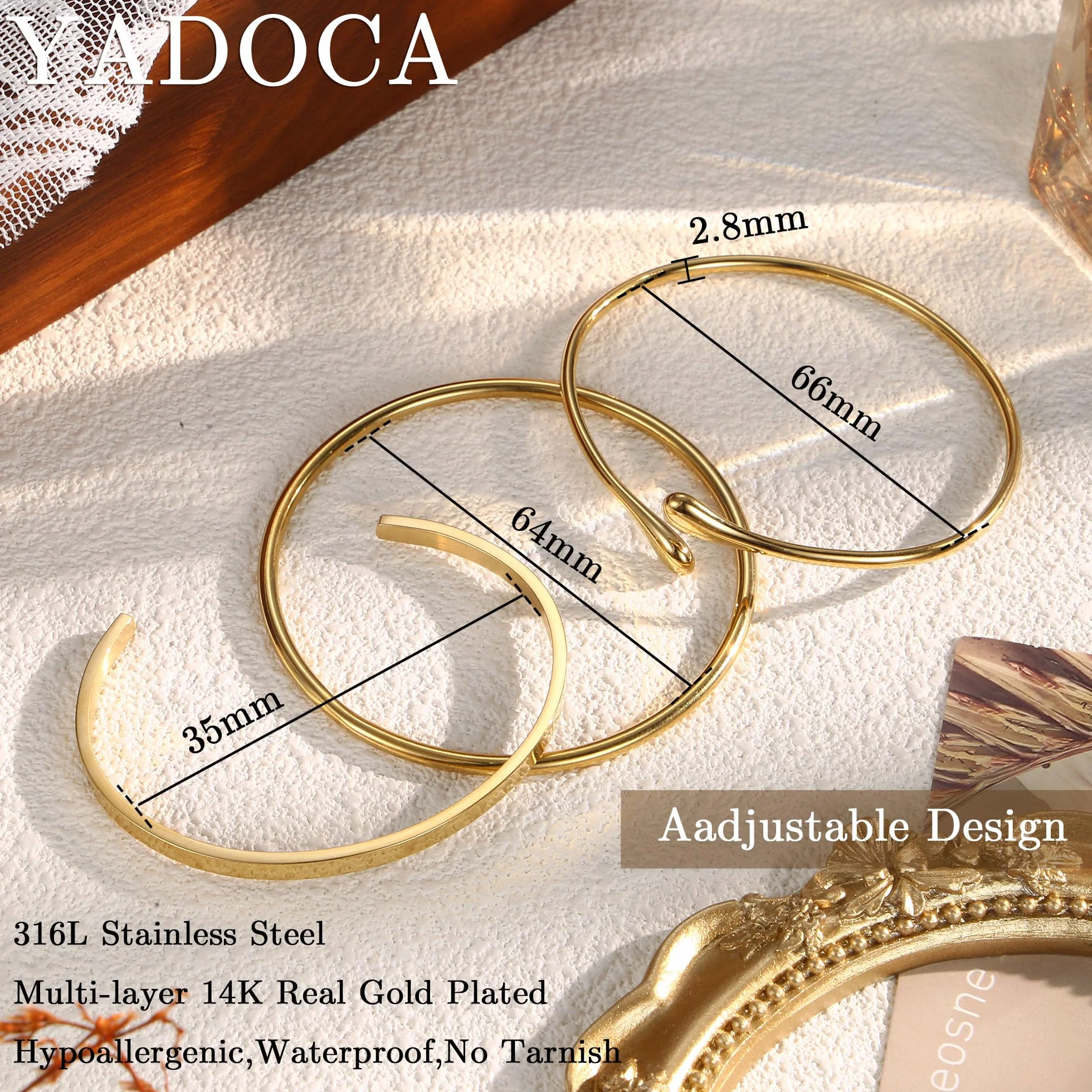 Bracelet Femme Or Acier Inoxydable Plaqué Or 18 Carats Manchette YADOCA 3 Pièces