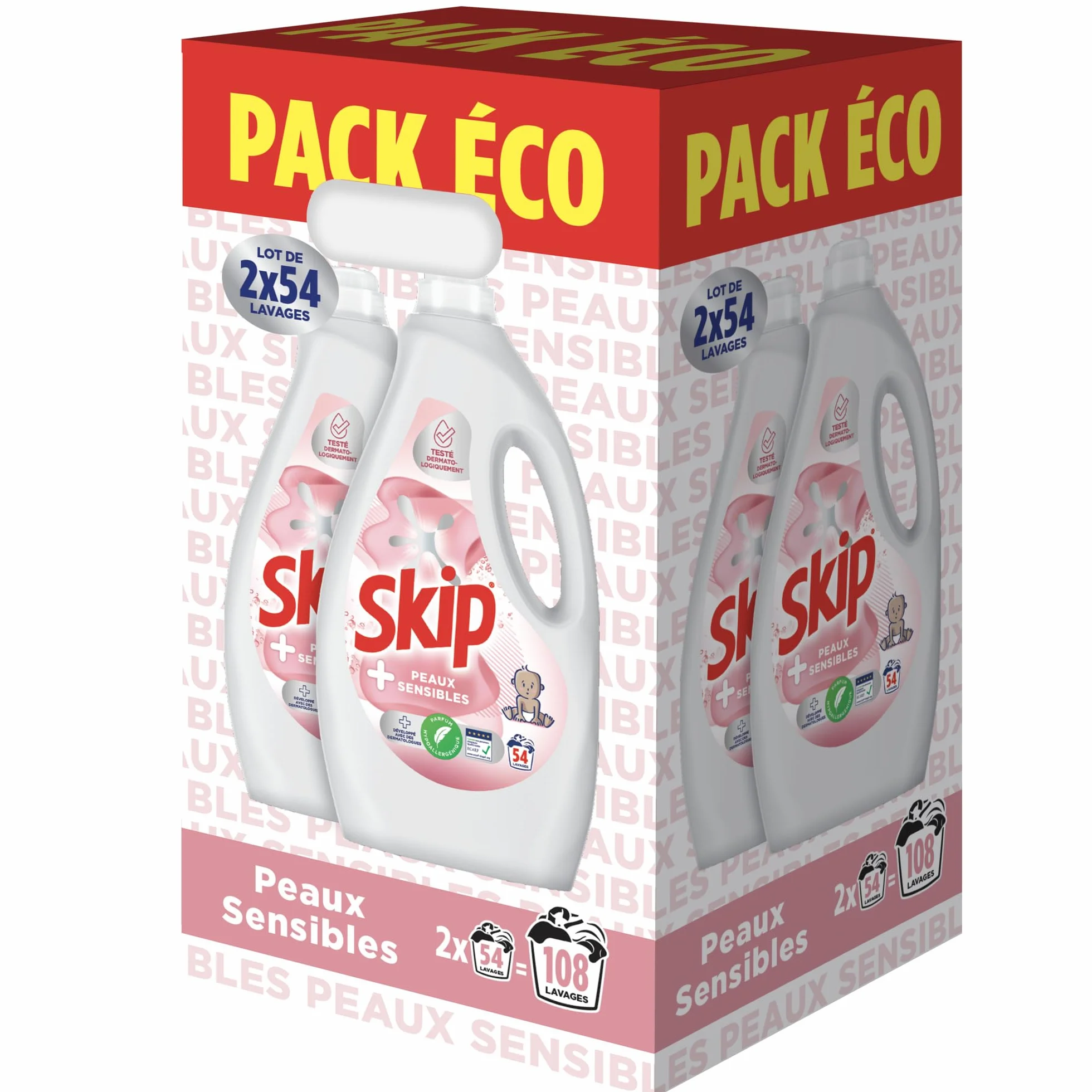 Skip - Lessive Liquide Peaux Sensibles - Contre les taches tenaces - Parfum léger et agréable - Testée dermatologiquement - 2x54 Lavages