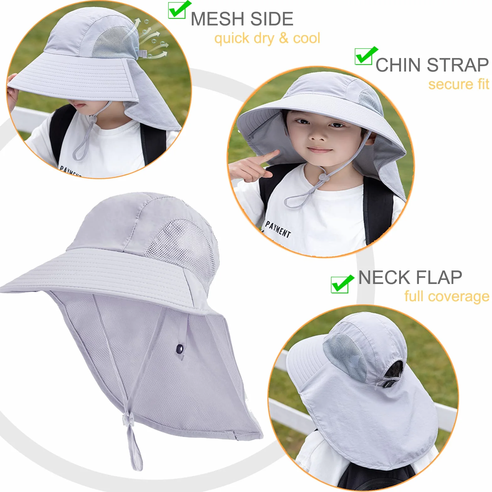 Chapeau de Soleil Anti-UV UPF50+ pour Enfants 5-13 Ans Large Bord Respirant Séchage Rapide Plage Cyclisme