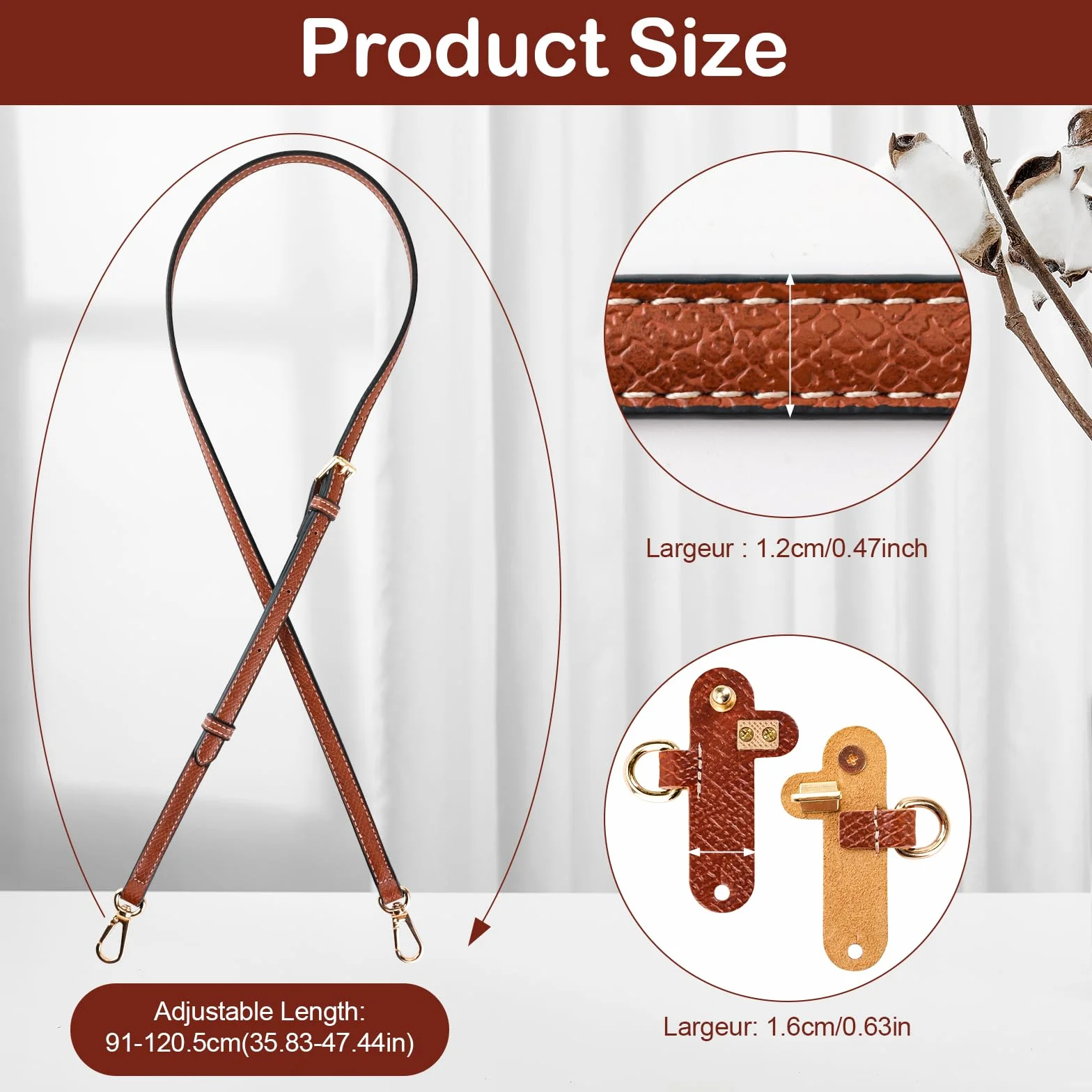 Bandoulière Réglable pour Sac Longchamp Mini, Marron, Sangle à Boucle Sans Perforation avec 2 Adaptateurs