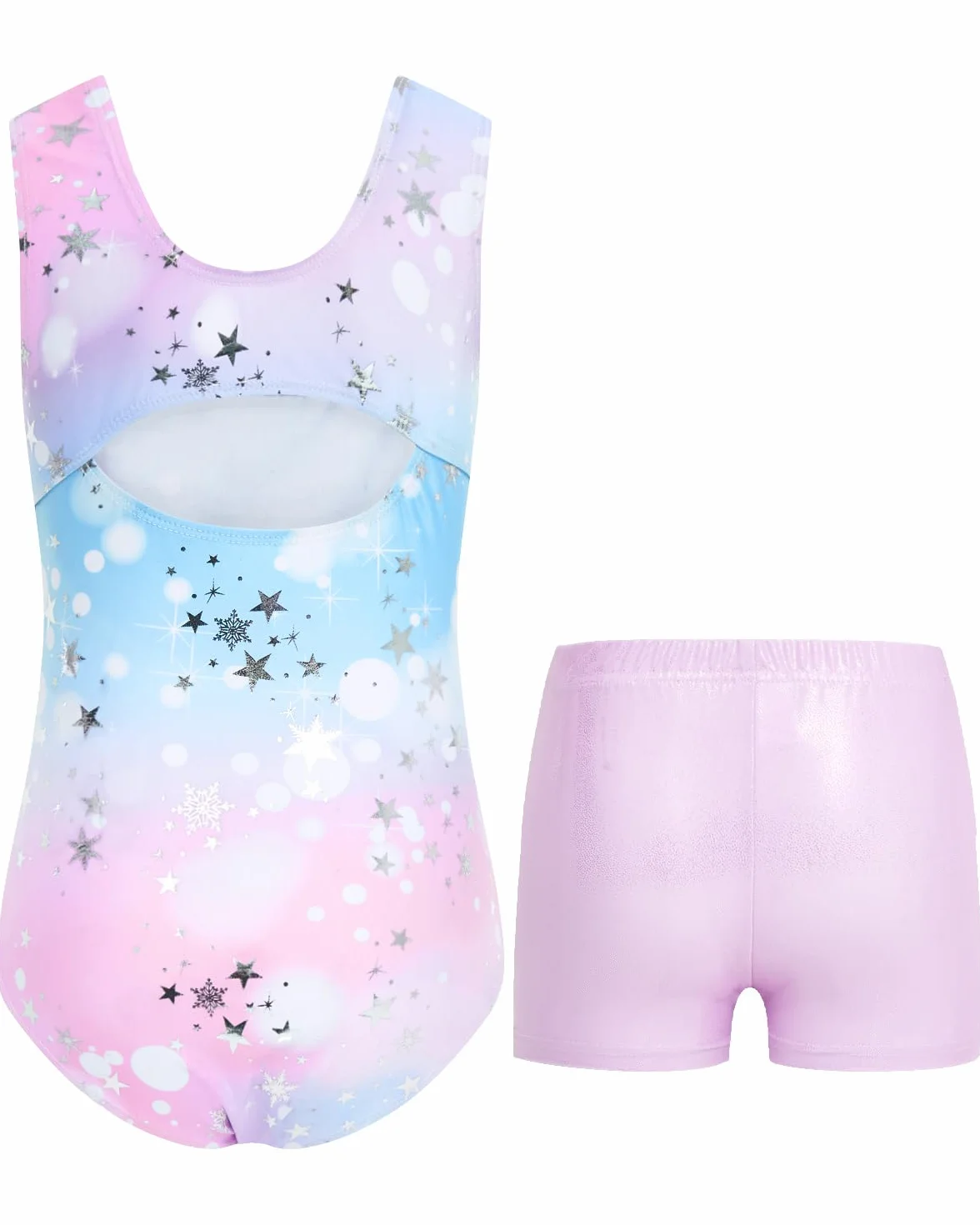 JiAmy Justaucorps Gymnastique Fille, Combinaison Sans Manches Dos Découpé avec Short et Serre-tête pour Enfants 3-12 Ans