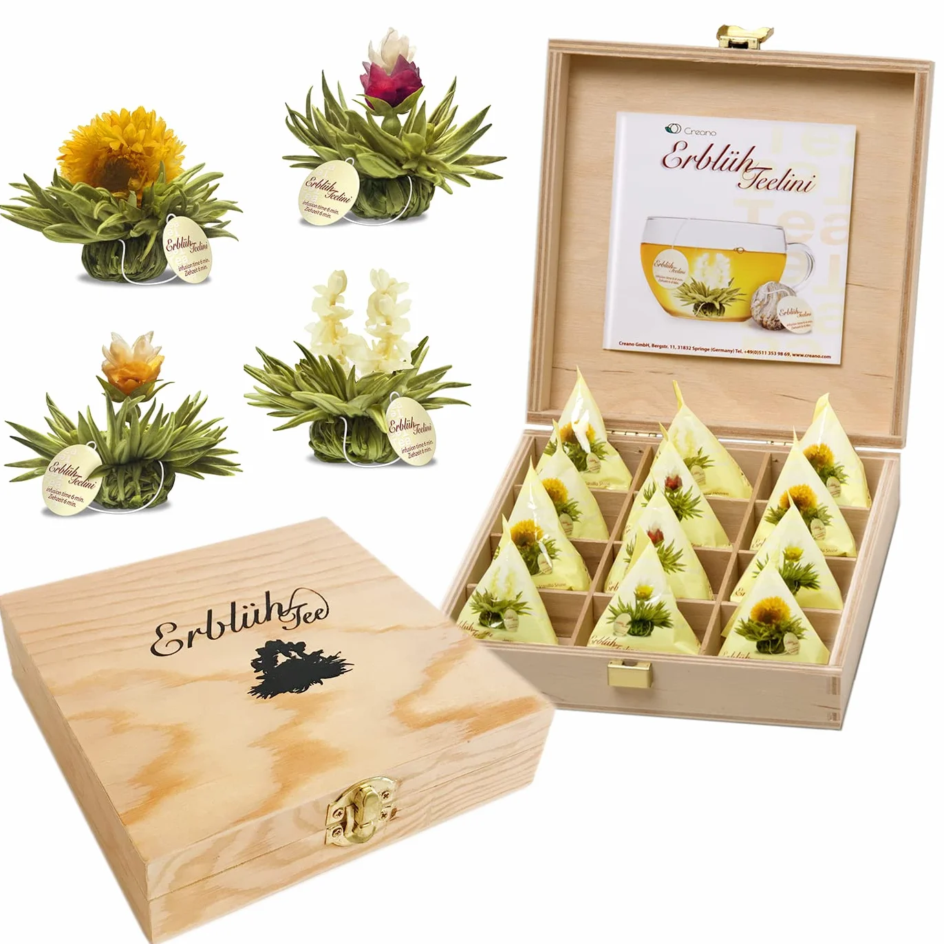 Creano Coffret Teelini 12 pcs – Boîte en Bois avec Fleurs de Thé Blanc en Portion de Tasse – 4 Saveurs Délicates – Idée Cadeau Durable, Femme & Bureau