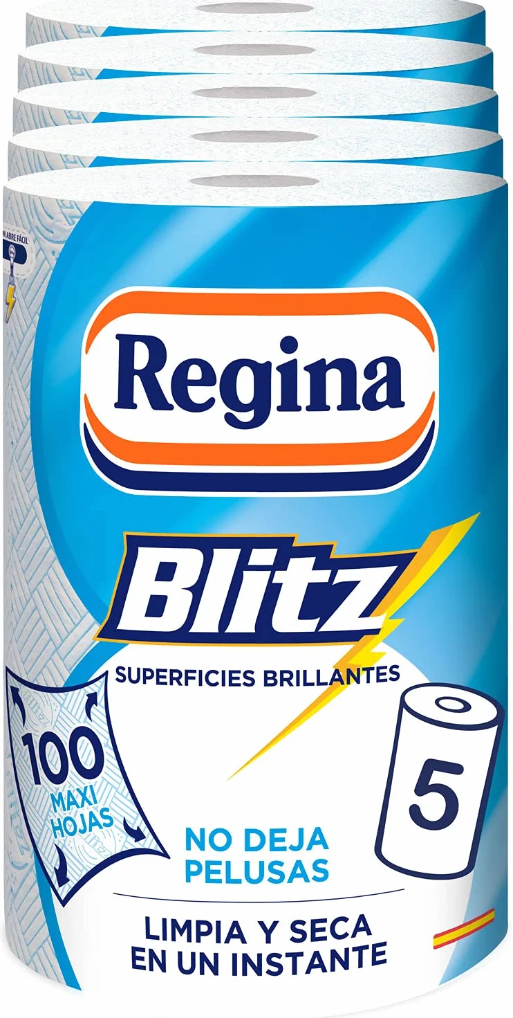 Regina Blitz Lot de 5 rouleaux de papier de cuisine 100 feuilles maxi à 3 couches Idéal pour nettoyer les surfaces domestiques Sans peluches Emballage en papier recyclable