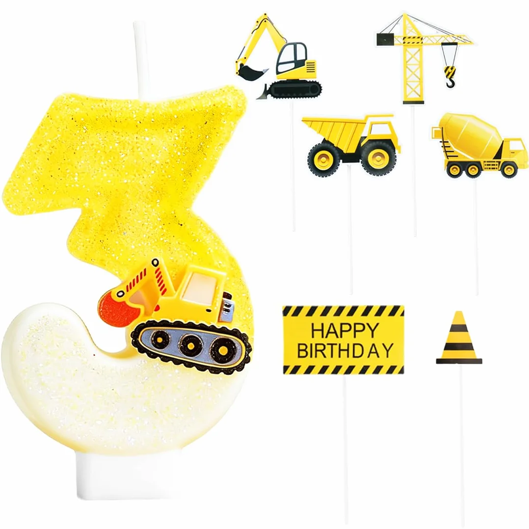 Bougie Anniversaire 3 Ans Construction, Bougies d'Anniversaire Chiffres 3,Véhicules Gateau Cake Topper pour Décorations de Fournitures de Fête d'Anniversaire Construction de Garçons