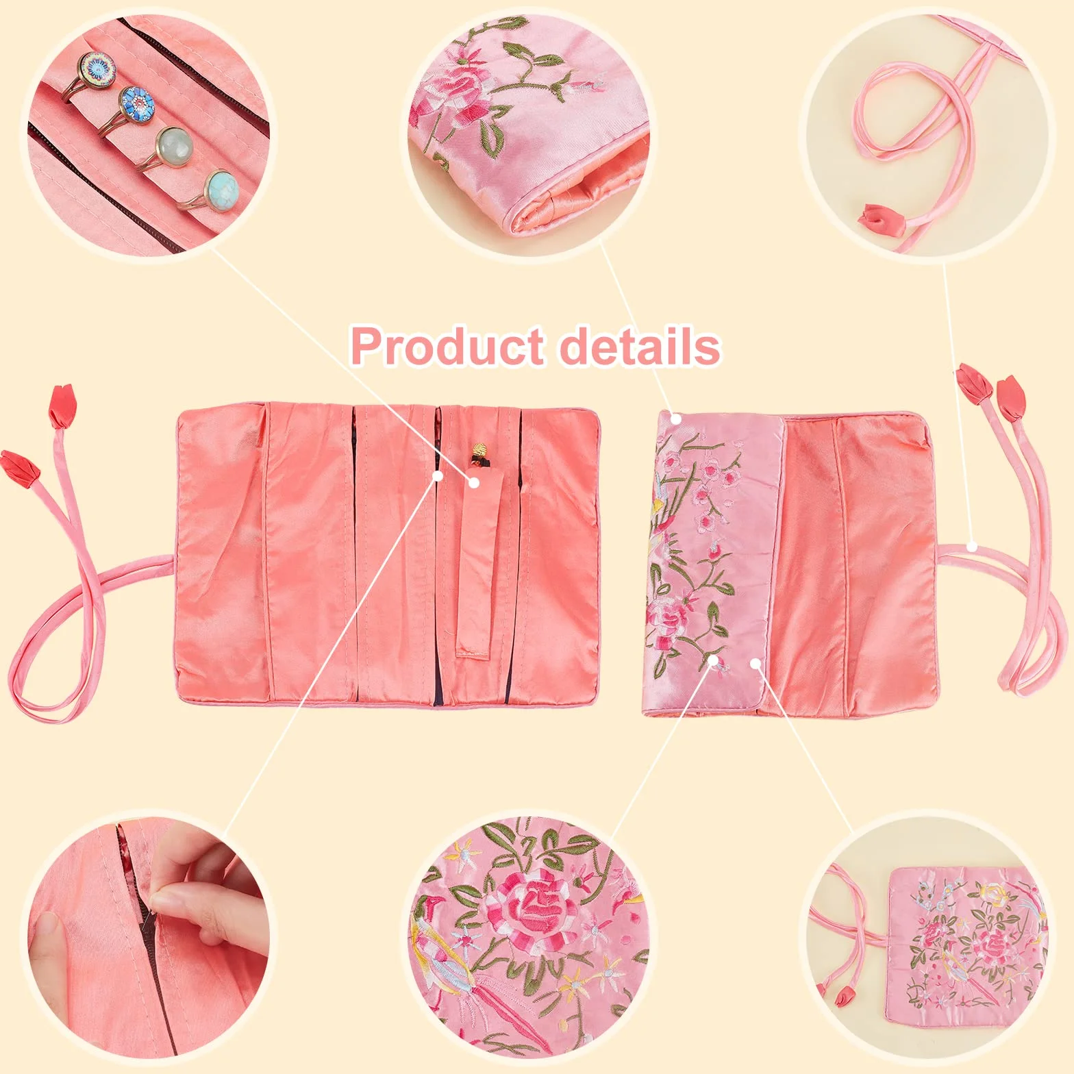 PH PandaHall 2pcs Organisateur de Bijoux en Rouleau, Sac en Brocart à Fleurs Sac de Voyage Pliable avec Fermeture à Nouer pour Bagues Collier
