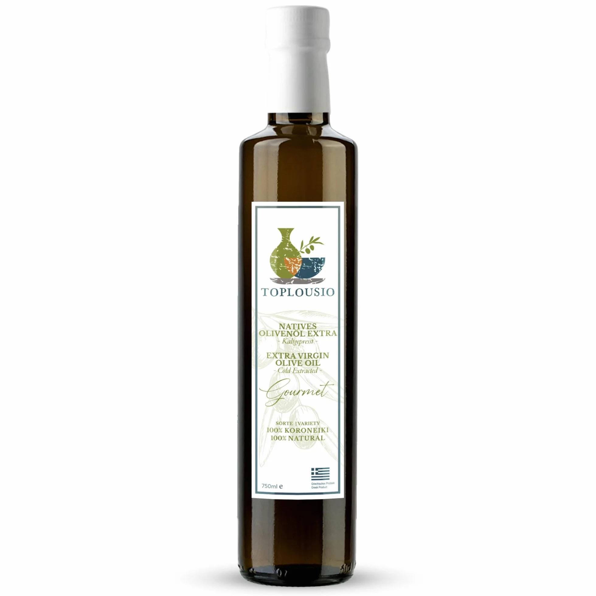 TOPLOUSIO Huile d’Olive Vierge Extra 750 ml 100% Koroneiki de Grèce, Pressée à Froid, Goût Fruité & Doux – Origine Ancienne Olympie – Parfaite pour Salades, Pâtes & Cuisine Méditerranéenne