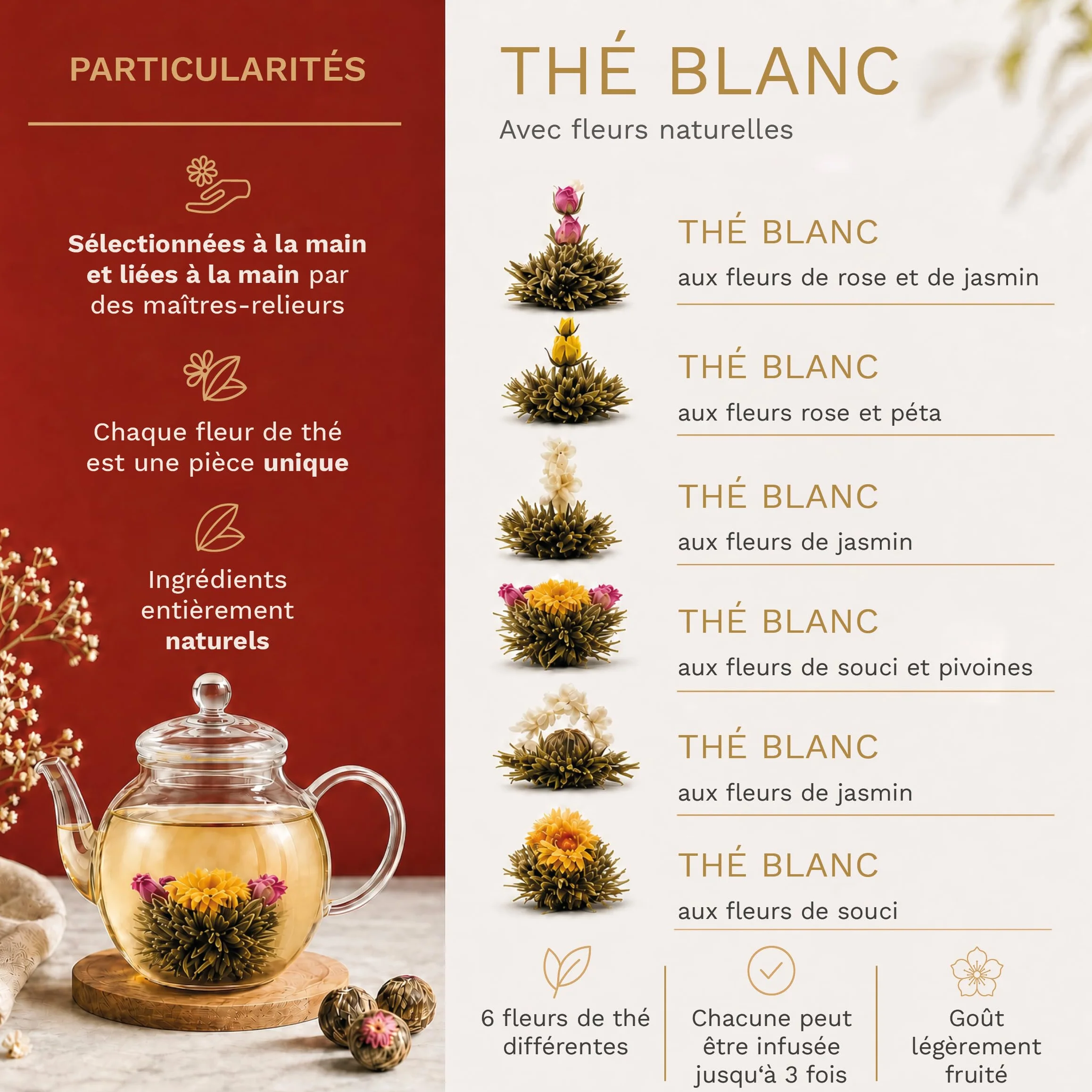 Creano Coffret „Thé en Floraison“ 6 thés de fleurs – Théière en verre 500ml sans goutte – 6 variétés de thé blanc – Idée cadeau exceptionnelle – Verre borosilicate