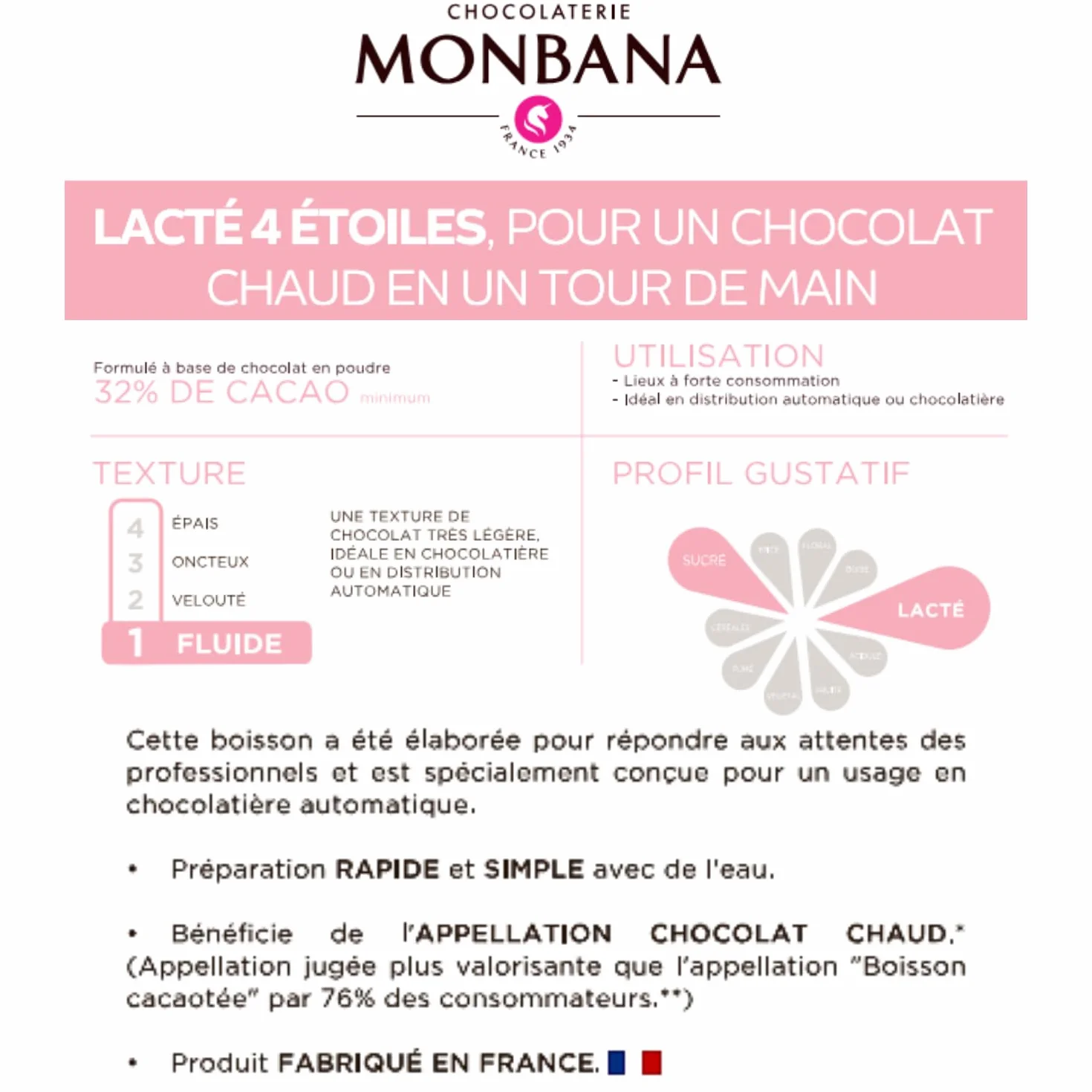 MONBANA | 20 sachets de chocolat Lacté 4* | Doses individuelles de 30 g de chocolat en poudre à déguster tout au long de la journée