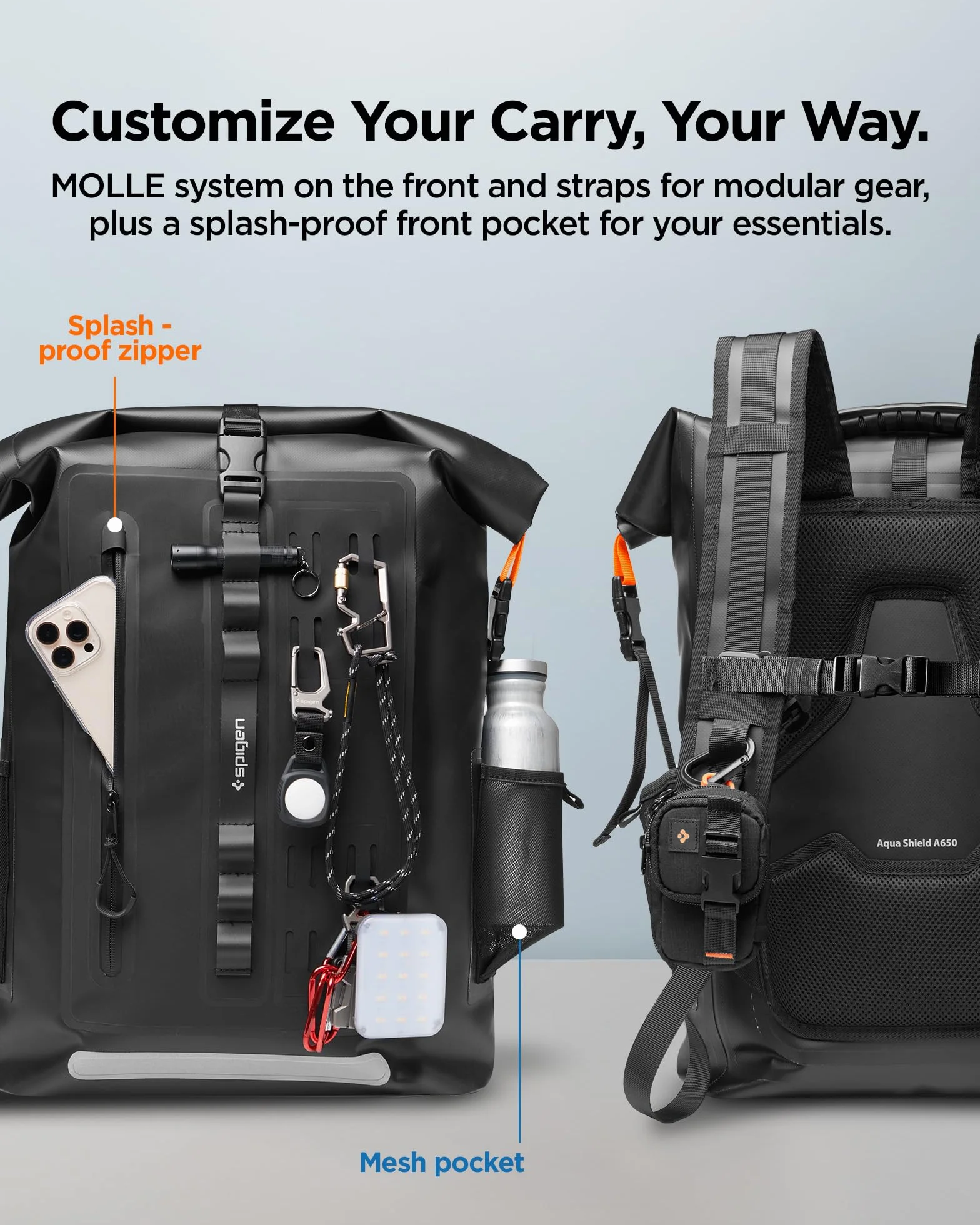Spigen Aqua Shield A650 Sac à Dos Étanche IPX6 Compatible Ordinateur Portable 16 Pouces Dos Ventilé Noir