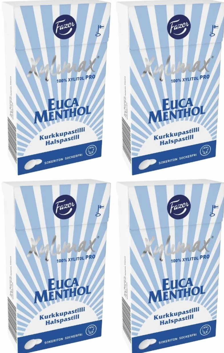 Fazer Xylimax Eucamenthol Lot de 4 boîtes 38 g sans sucre 100 % xylitol Pastilles Menthe