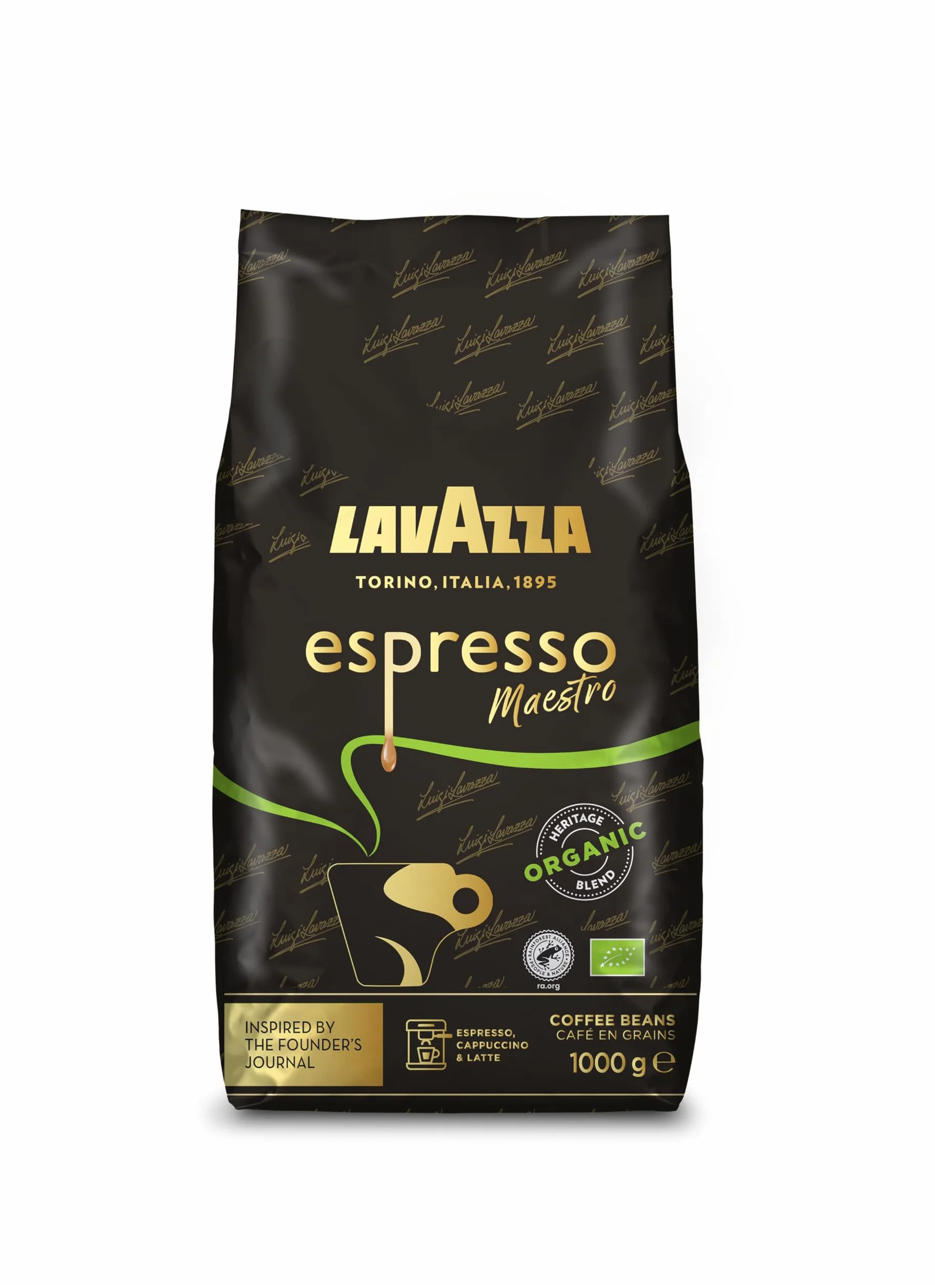 Lavazza, Espresso Maestro, Café En Grains, Avec Notes Aromatiques De Fruits Secs Et De Chocolat, 100% Biologique Et Certifié Rainforest Alliance, Intensité 9/10, Torréfaction Lente Et Douce, 1Kg