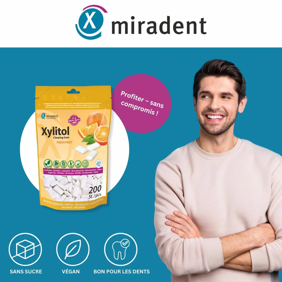 Miradent Chewing-gum dentaire au xylitol Pack économique 200 pcs goût Fruits frais sans sucre vegan