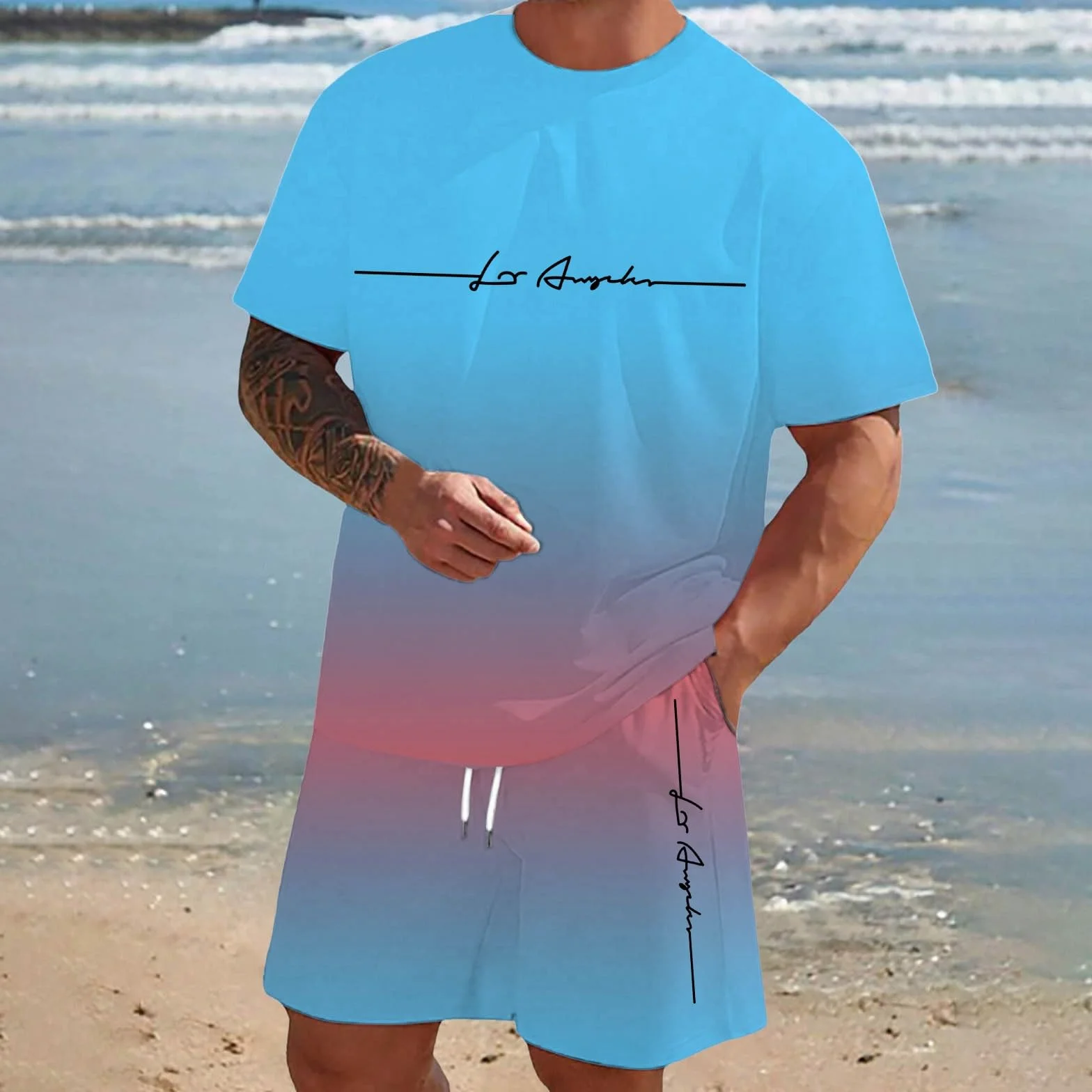 Ensemble Homme 2 Pièces T-Shirt Short Manches Courtes Tenue Survêtement Décontracté Plage Vacances
