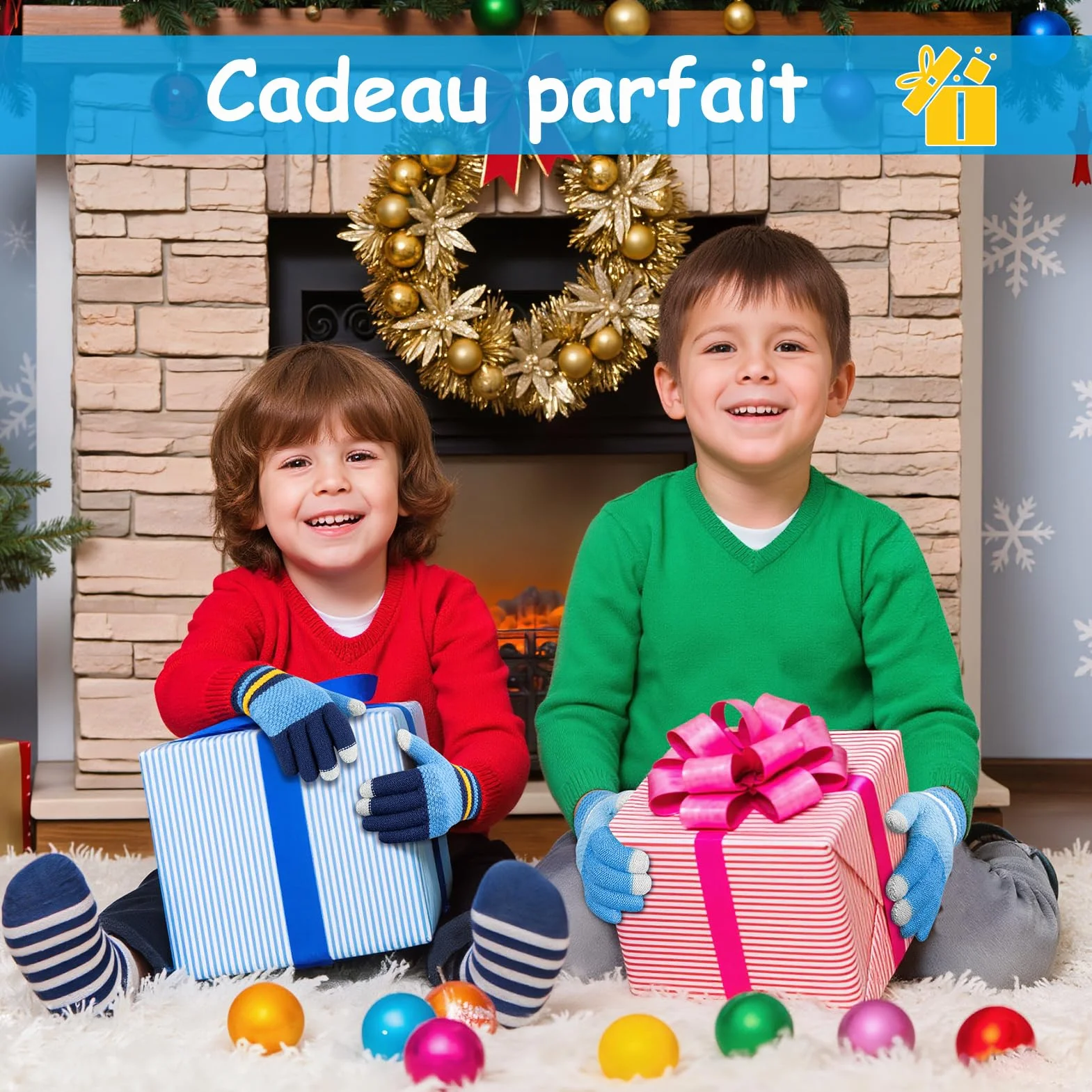Kiiwah 3 Paires Gants Tricotés Chauds pour Enfants, Doigts Complets Thermique, Garçons 7-9 Ans (Bleu, Marine, Gris)