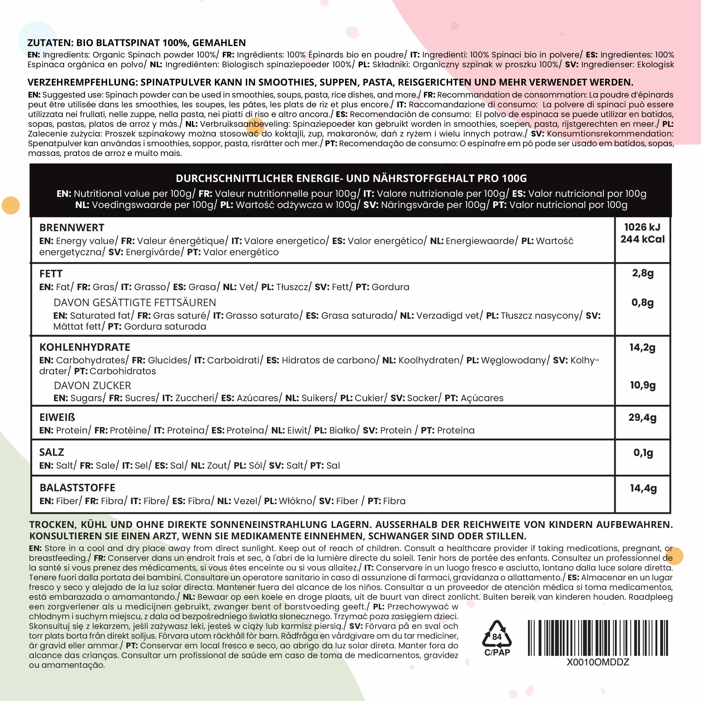 Poudre d'Épinards BIO 500g, Poudre d'Épinards pour la Cuisine et Colorant Alimentaire