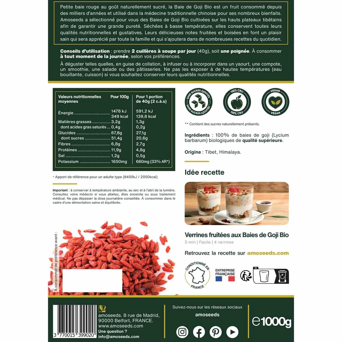 Baies de Goji Bio Supérieures 1KG | Sans soufre et sans Sucres Ajoutés | Himalaya