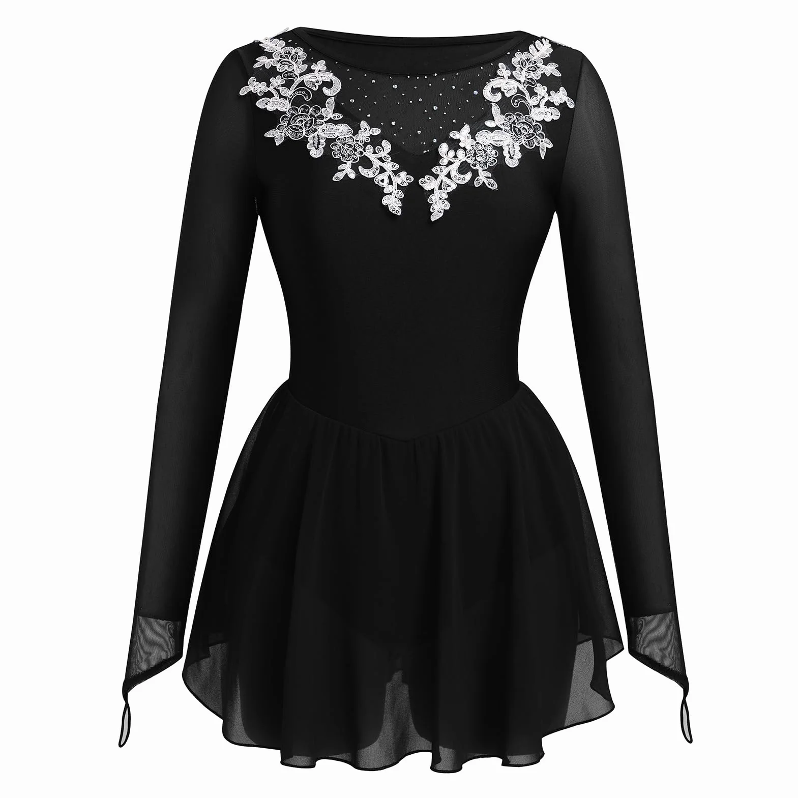 FYMNSI Robe de danse pour femme patinage artistique manches longues strass fleurs jupe mousseline soie justaucorps